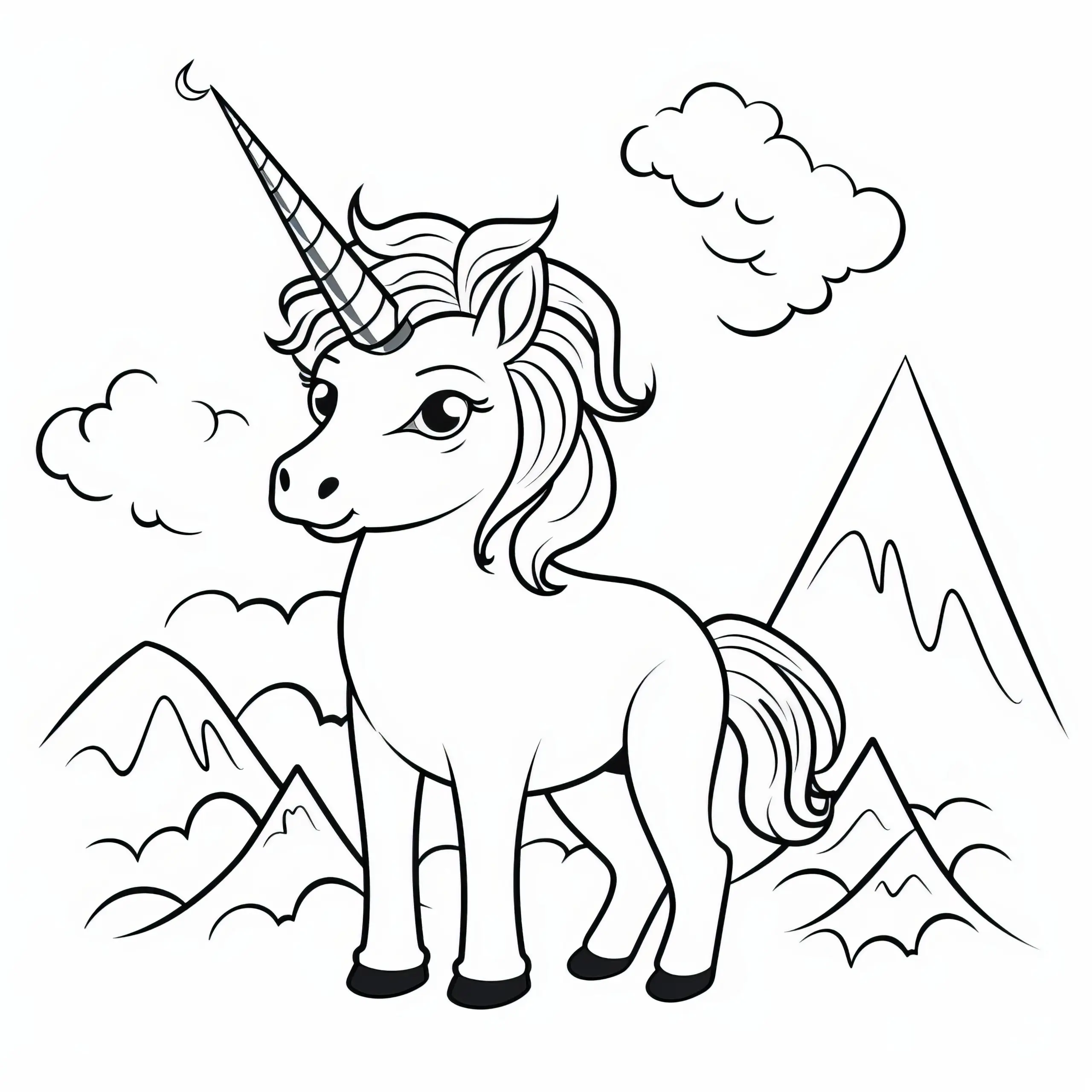 Mini-Einhorn vor Berglandschaft: Kostenloses Ausmalbild für Kinder