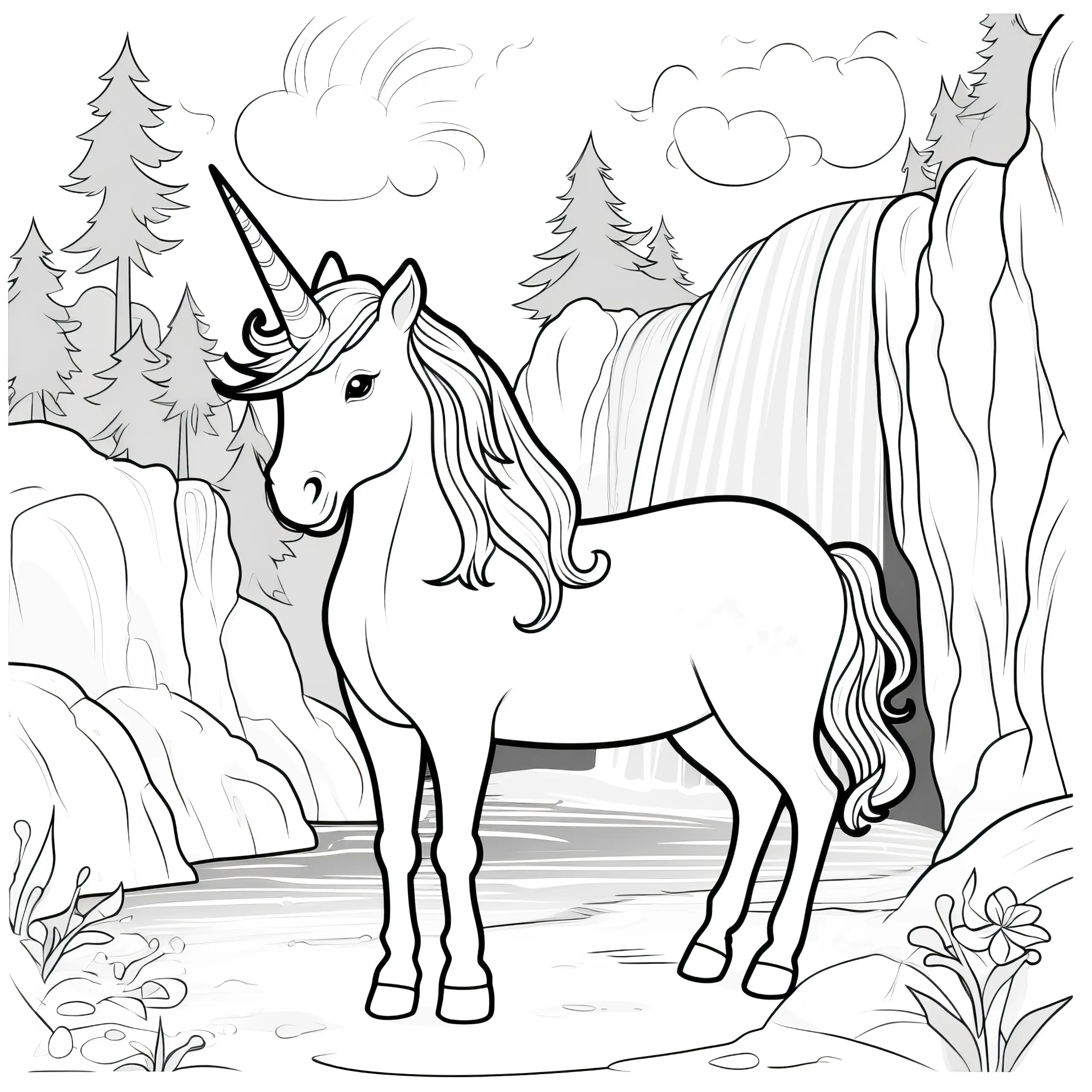 Einhorn am Bergsee vor Wasserfall: Kostenloses Ausmalbild zum Downlaod