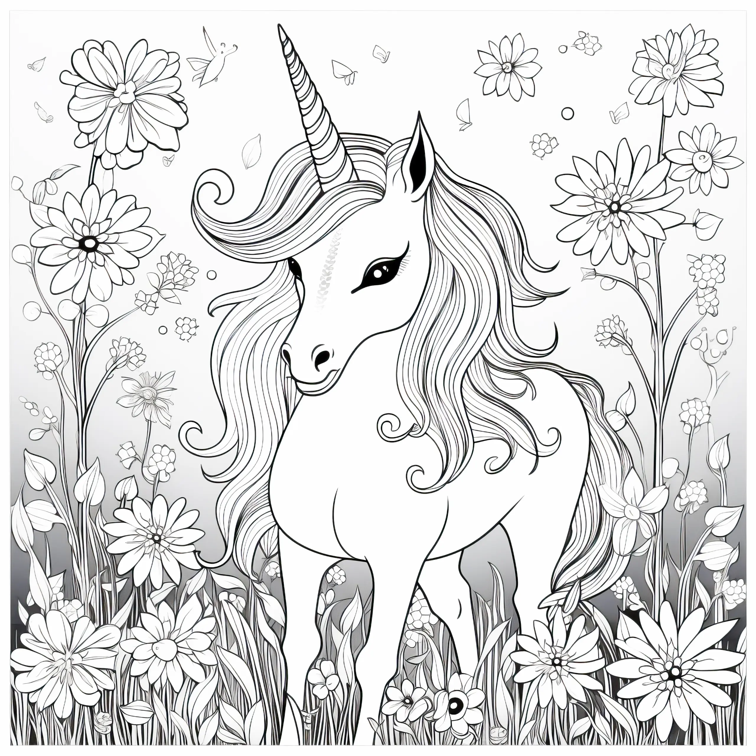 Fantasievolles Einhorn auf lebendiger Blumenwiese: Bild zum Ausmalen (Kostenlos) (Ausmalbild)