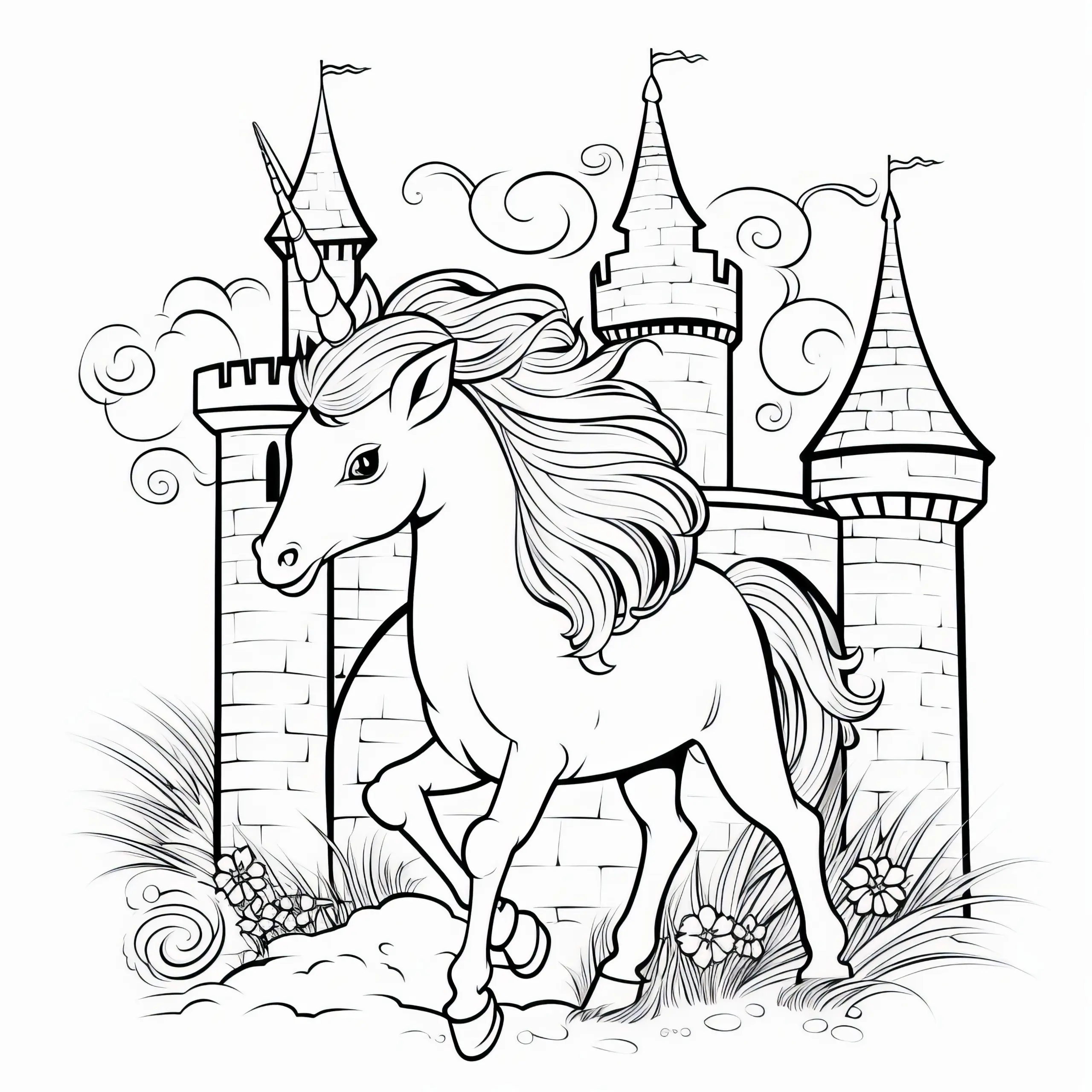 Einhorn vor einer Burg: Ausmalbild zum Download (Kostenlos)