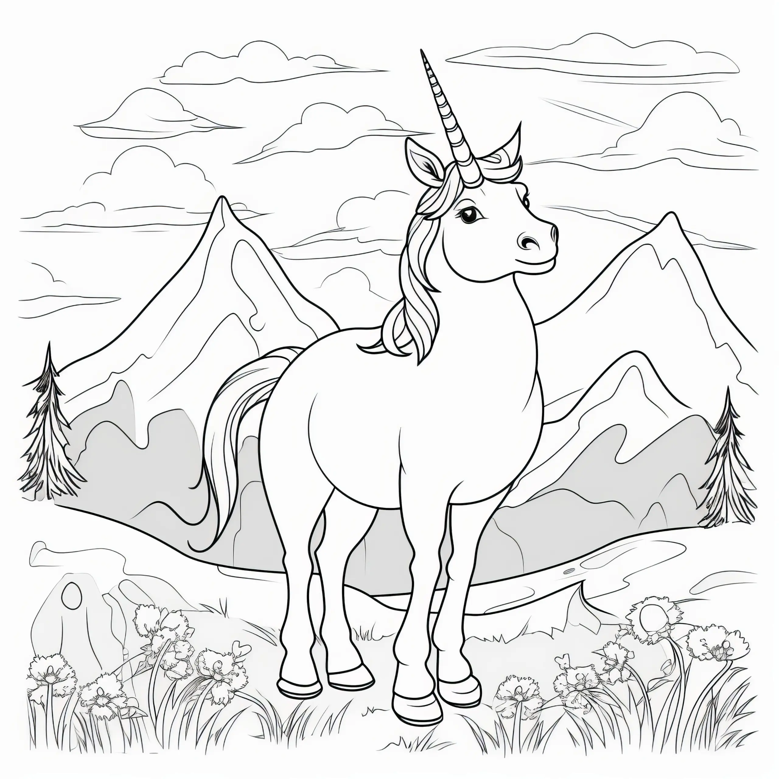 Einhorn-Dame vor Berglandschaft: Ausmalbild kostenlos zum Download