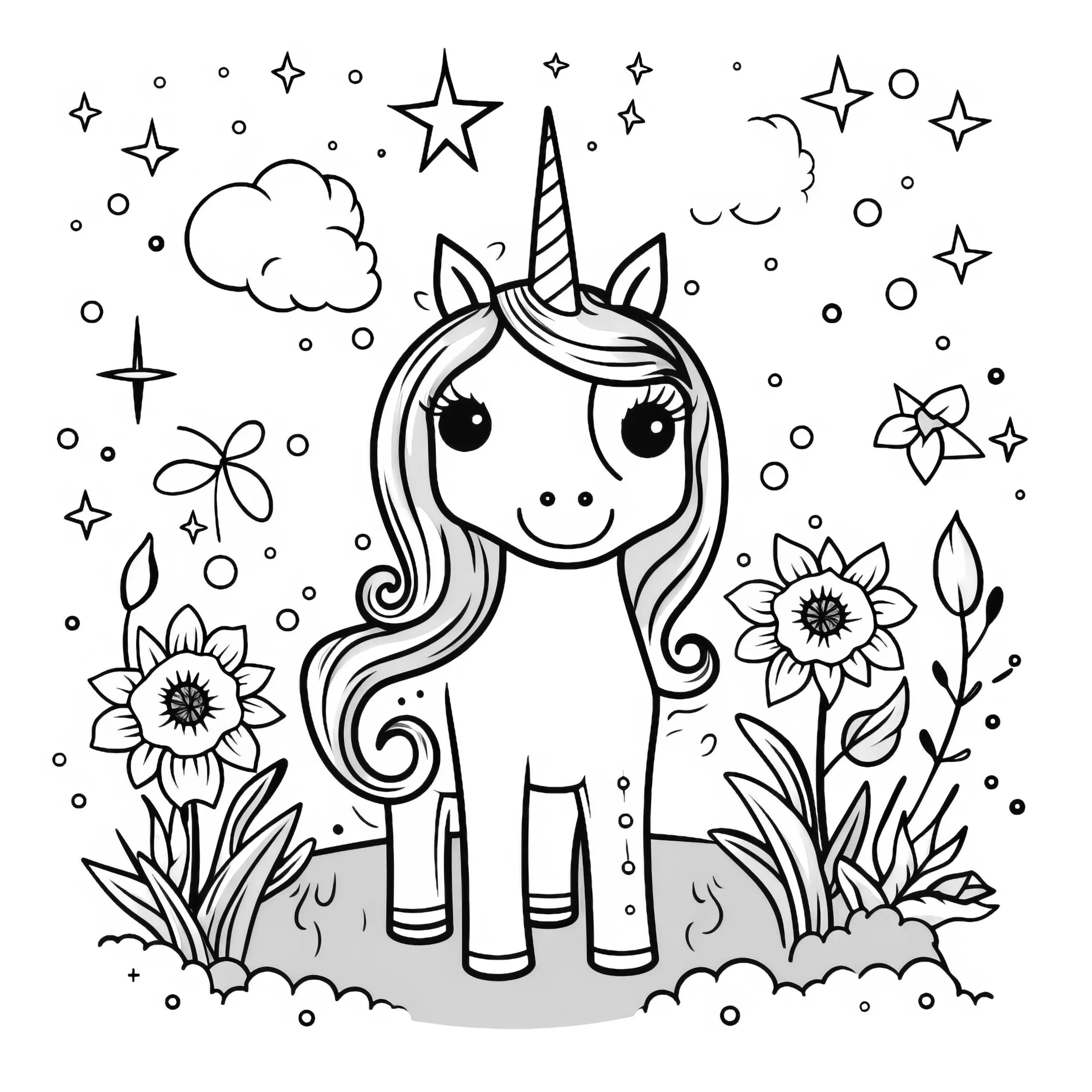 Einhorn im Fantasiehimmel mit Blumen und Sternen: Ein fantasievolles Ausmalbild (kostenlos)