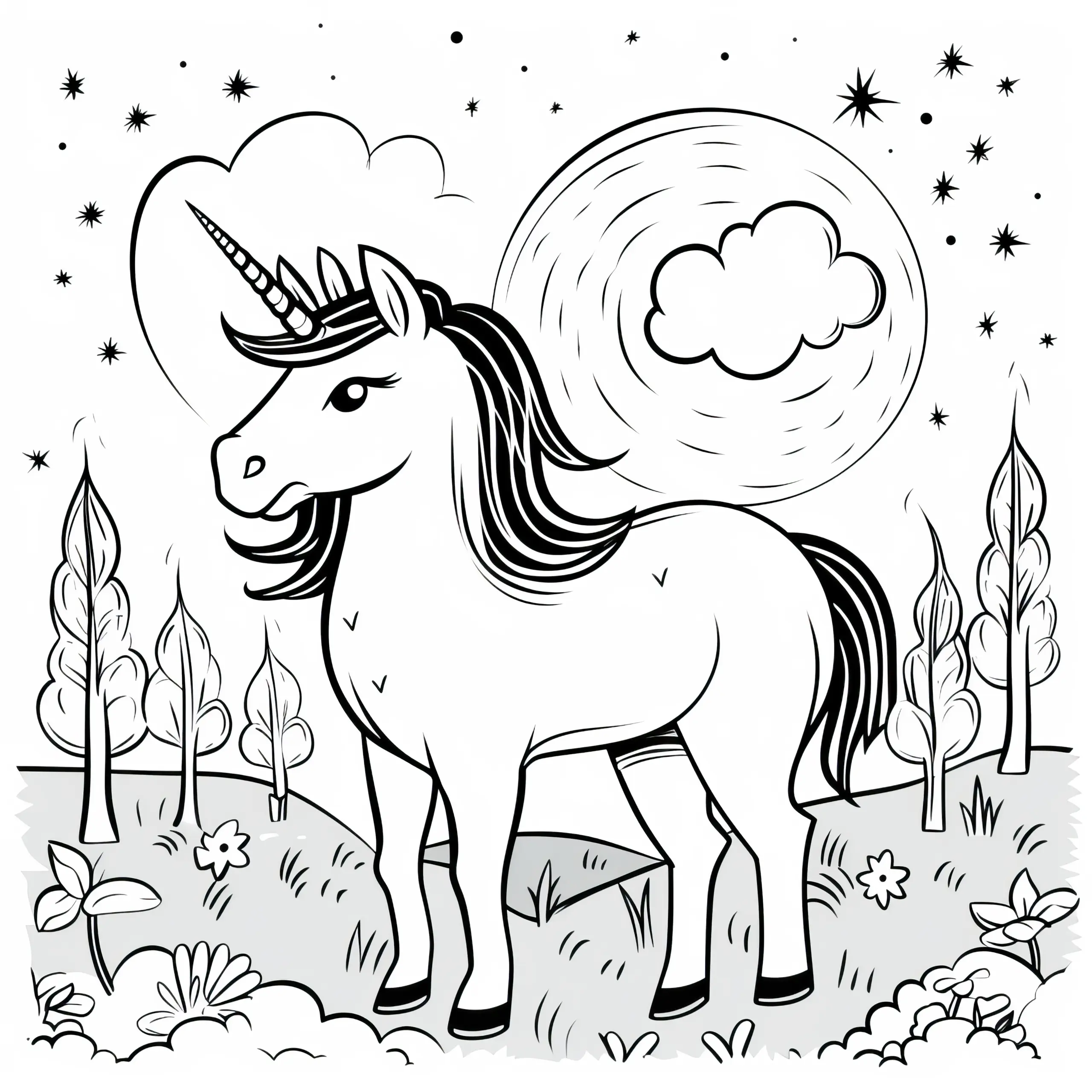 Einhorn in fantastischer Landschaft: Kostenlose Malvorlage (Ausmalbild)