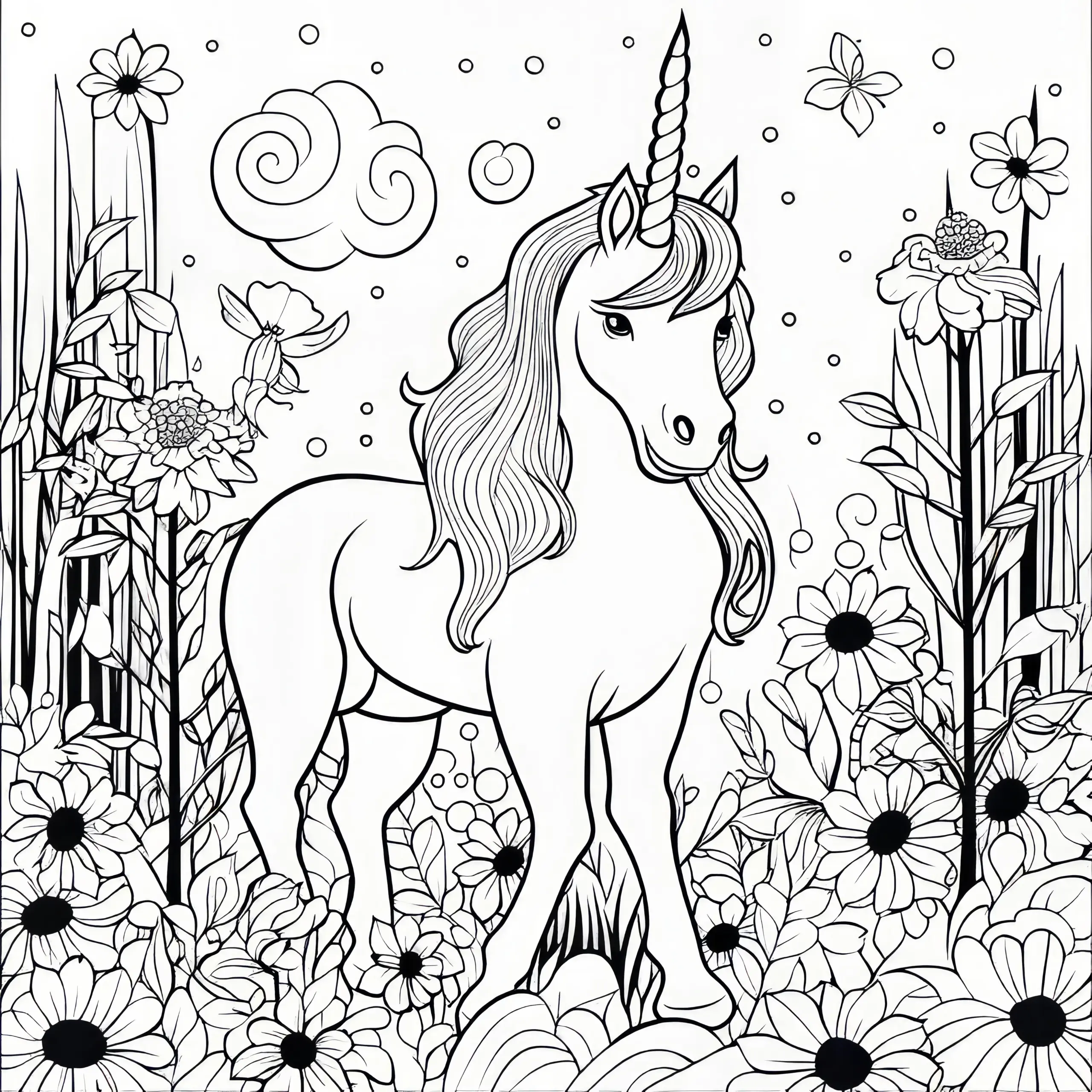 Einhorn im farbenfrohen Blumenmeer: Kostenlose Malvorlage zum Download (Ausmalbild)