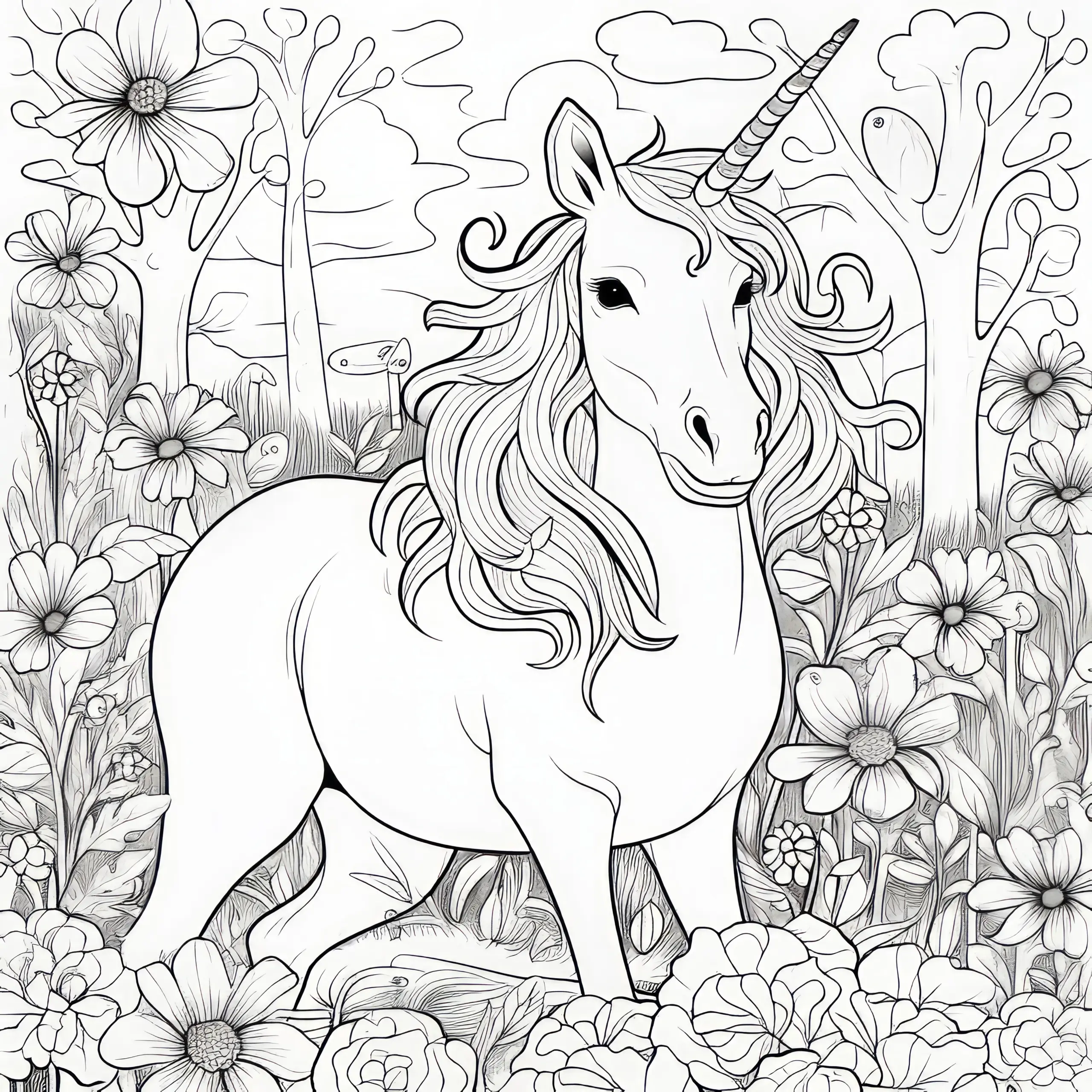 Einhorn im farbenfrohen Blumenwald: Detailreiches Ausmalbild zum Ausdrucken (Kostenlos)