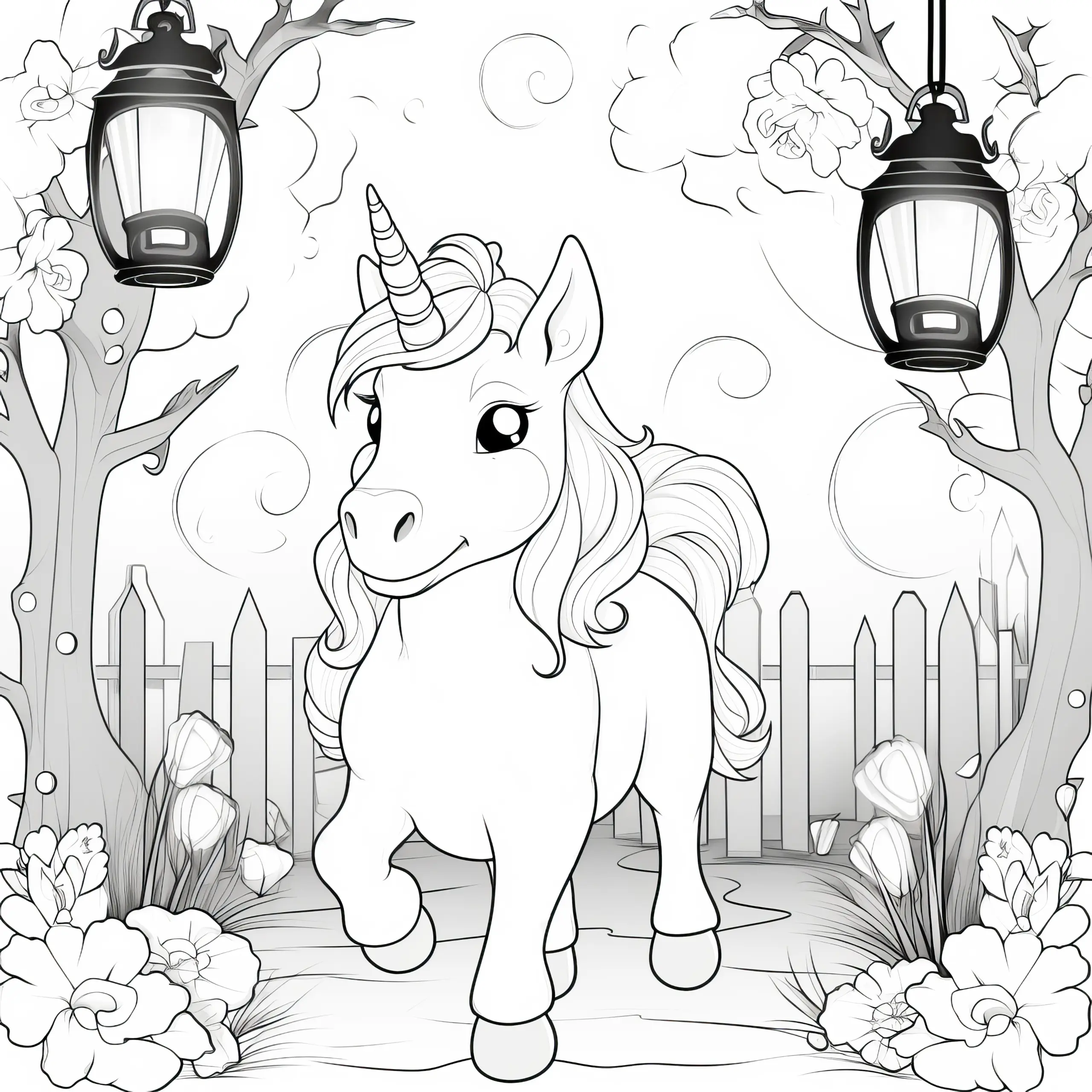 Einhorn im Garten mit Laternen und Blumen: Bild zum Download (Gratis) (Ausmalbild)