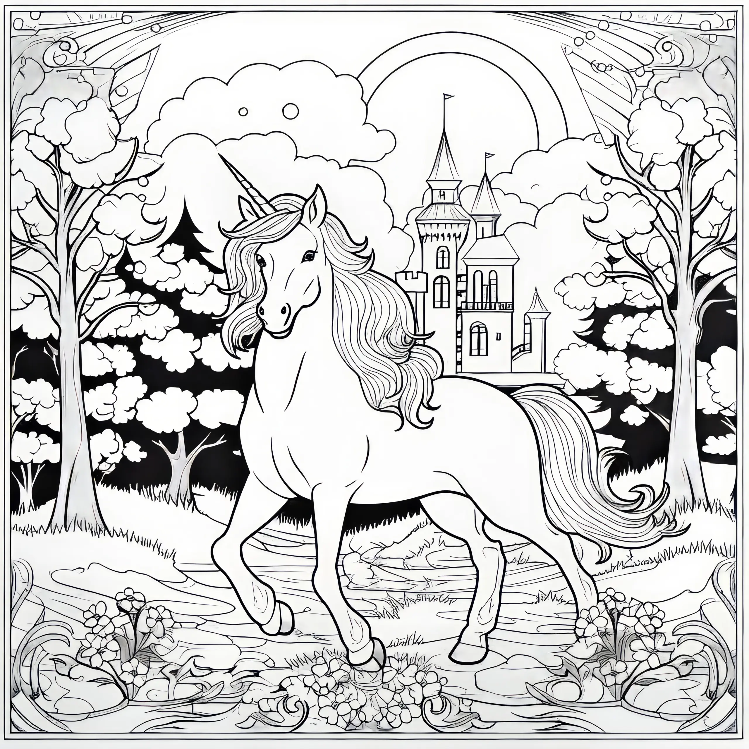Einhorn im geheimnisvollen Wald vor Schloss: Kostenloses Ausmalbild