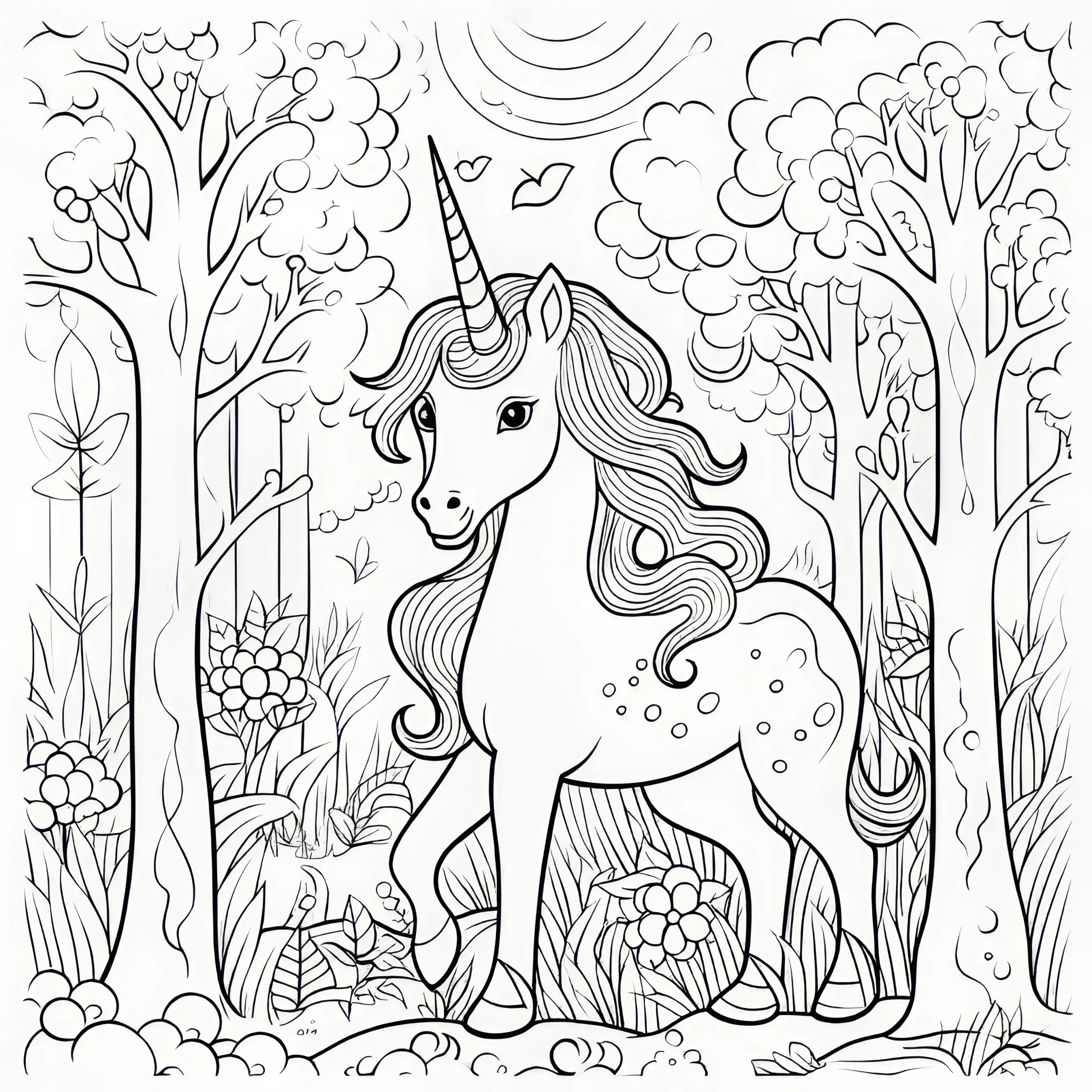 Einhorn mit glitzernder Mähne im Märchenwald: Bild zum Ausmalbild (Kostenlos)