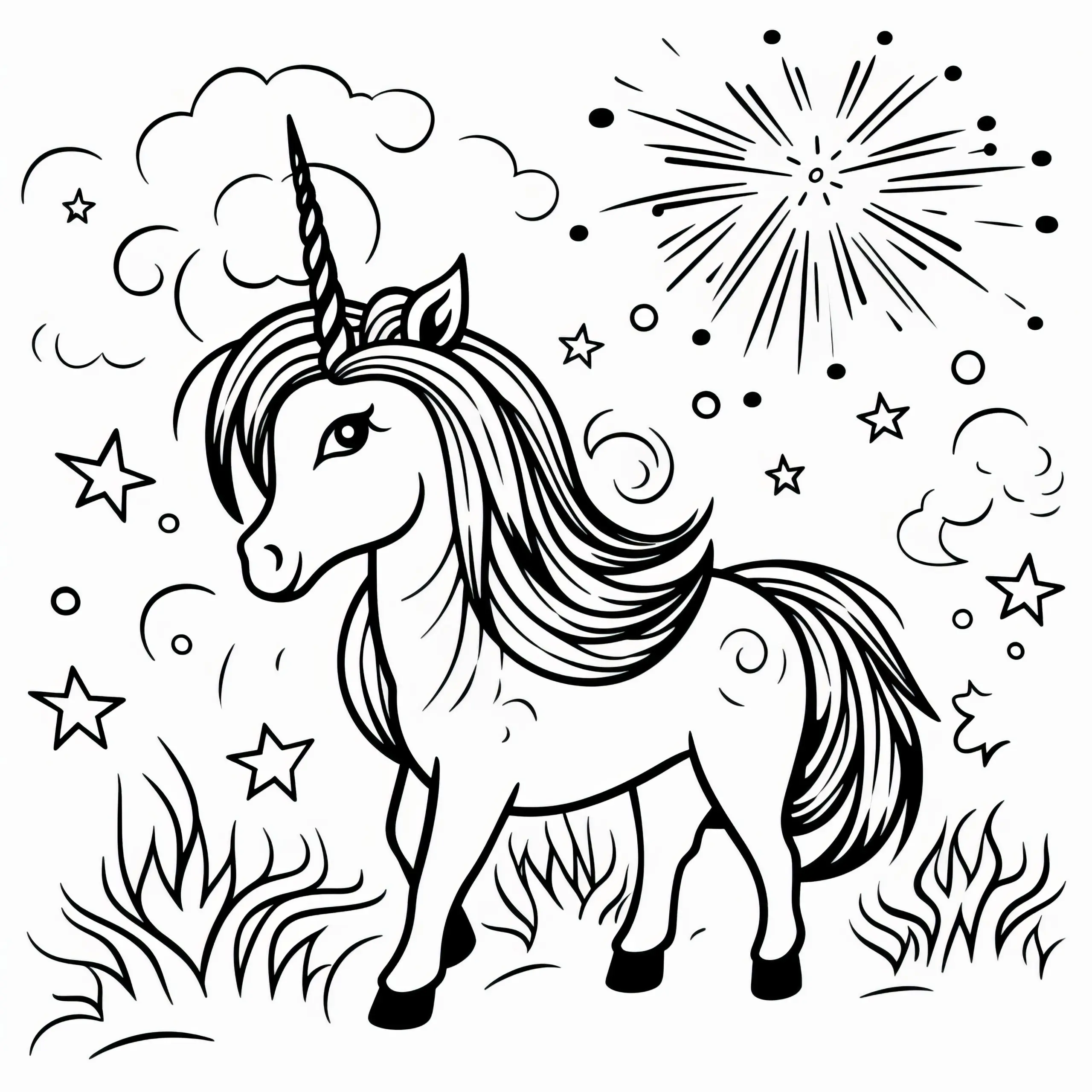 Einhorn in Graslandschaft mit Sternen und Feuerwerk: Ausmalbild gratis