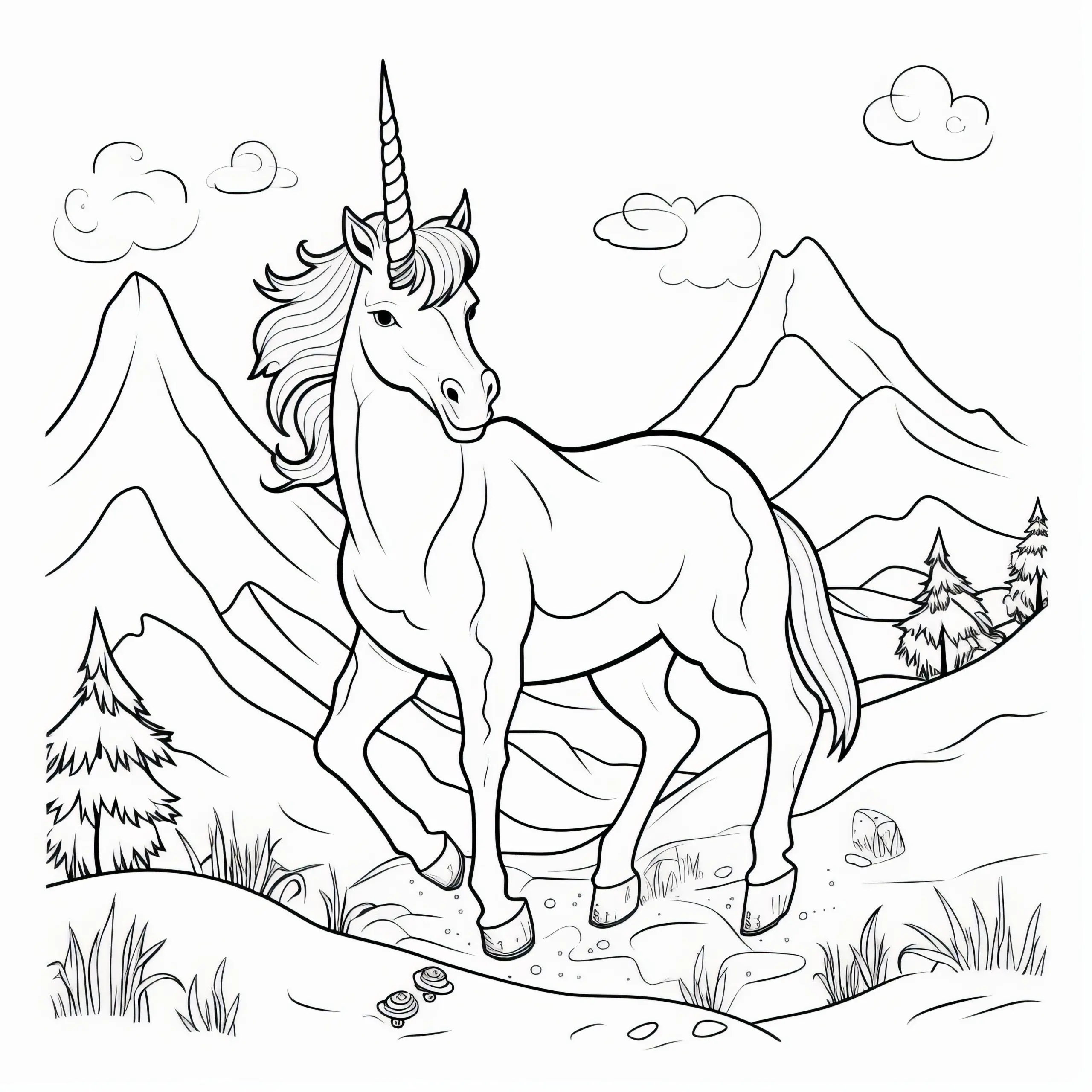 Einhorn-Hengst vor magischer Bergkulisse: Ausmalbild für Kinder (Kostenlos)