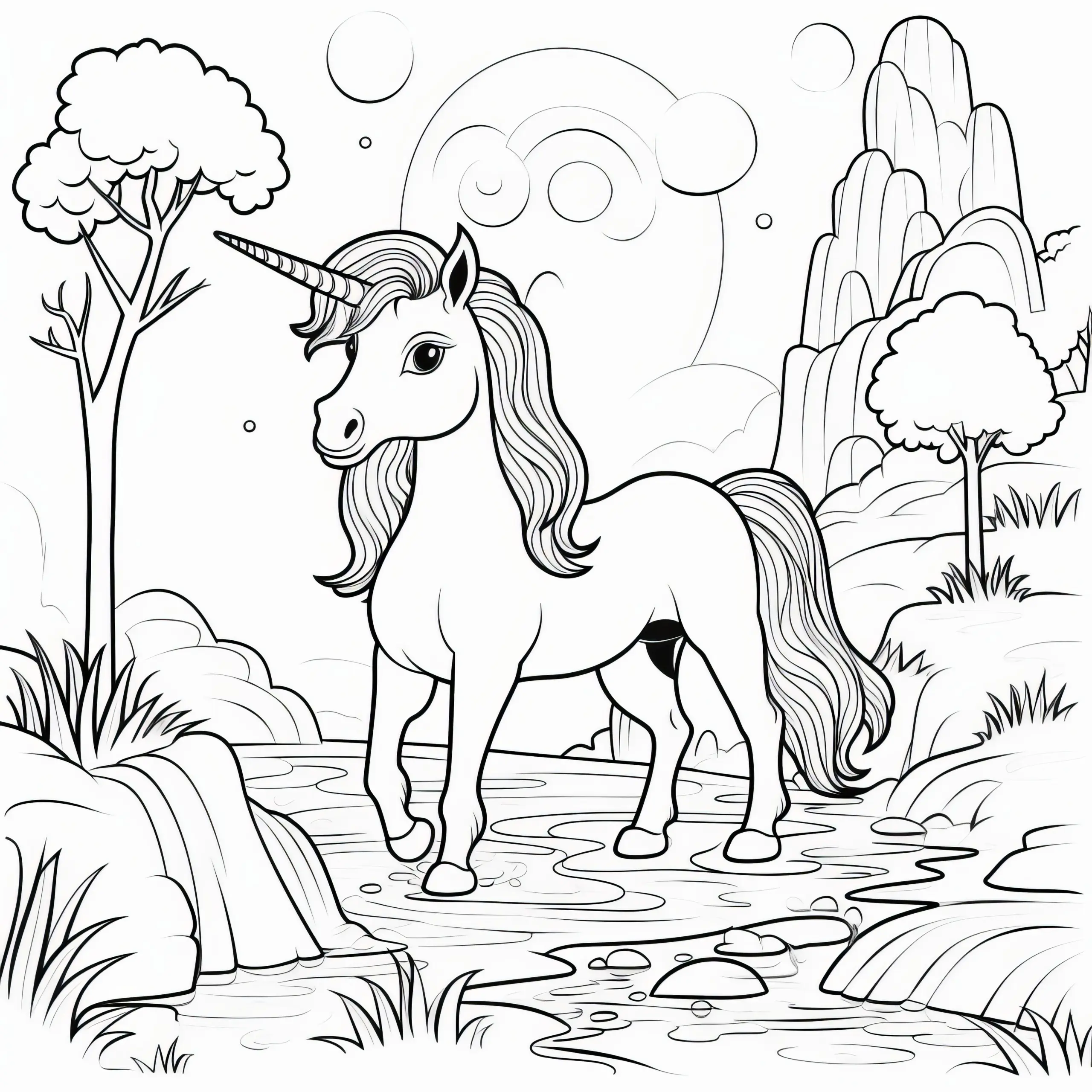Einhorn steht im Fluss vor Berglandschaft: Ausmalbild kostenlos