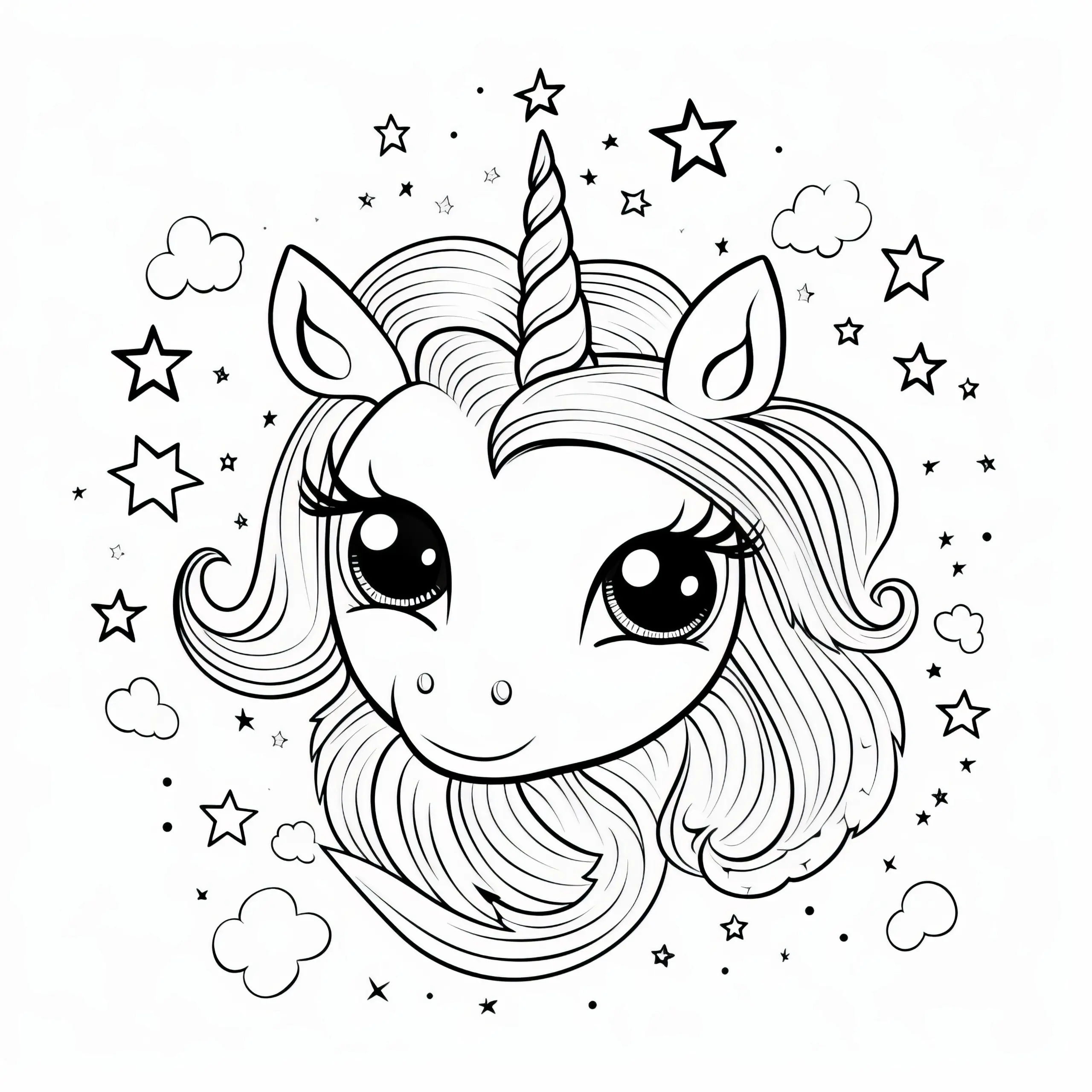 Einhorn-Kopf eines Einhorn-Kindes: Bild zum Ausdrucken (Kostenlos) (Ausmalbild)