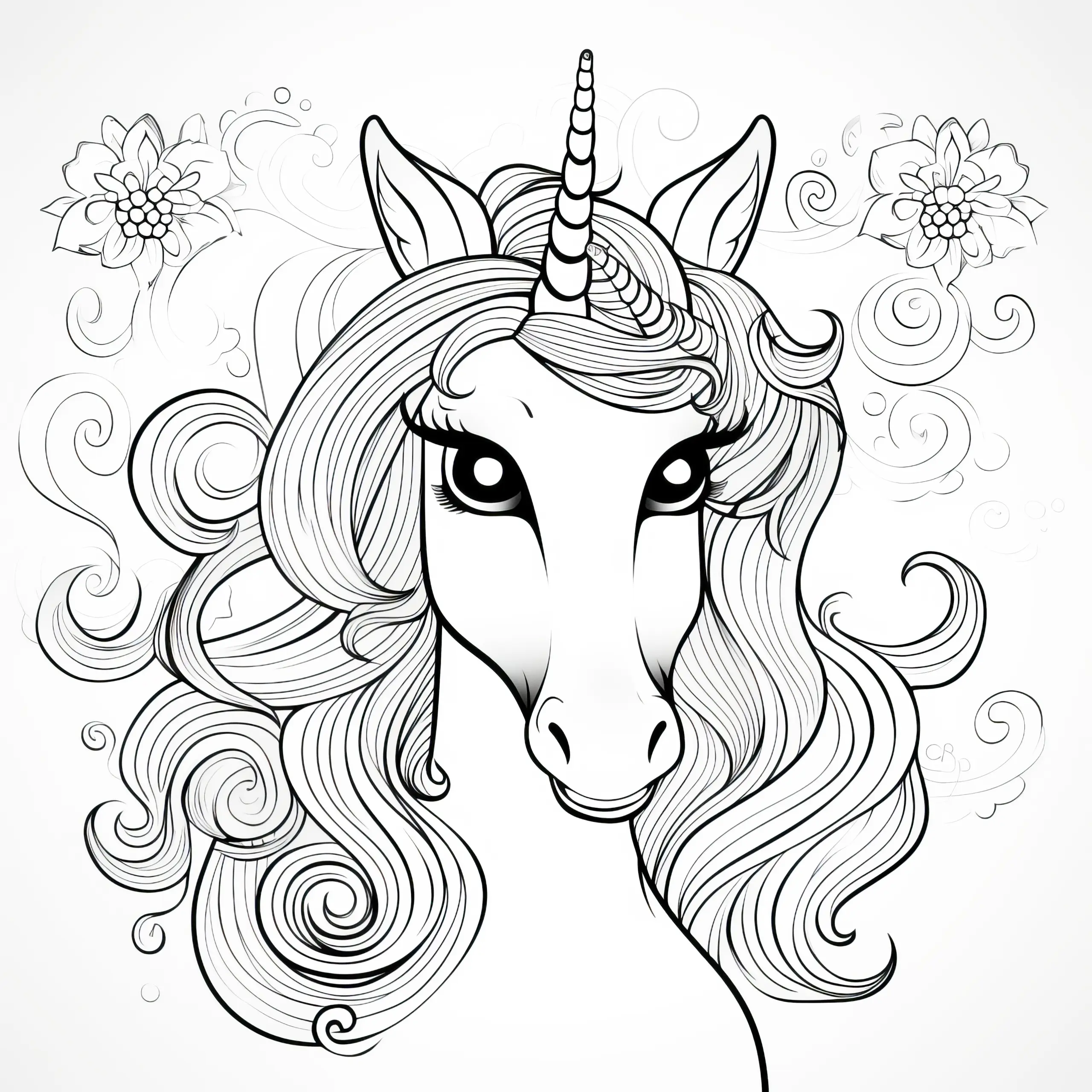 Einhorn-Kopf einer eleganten Einhorn-Dame: Malvorlage zum kostenlosen Download (Ausmalbild)