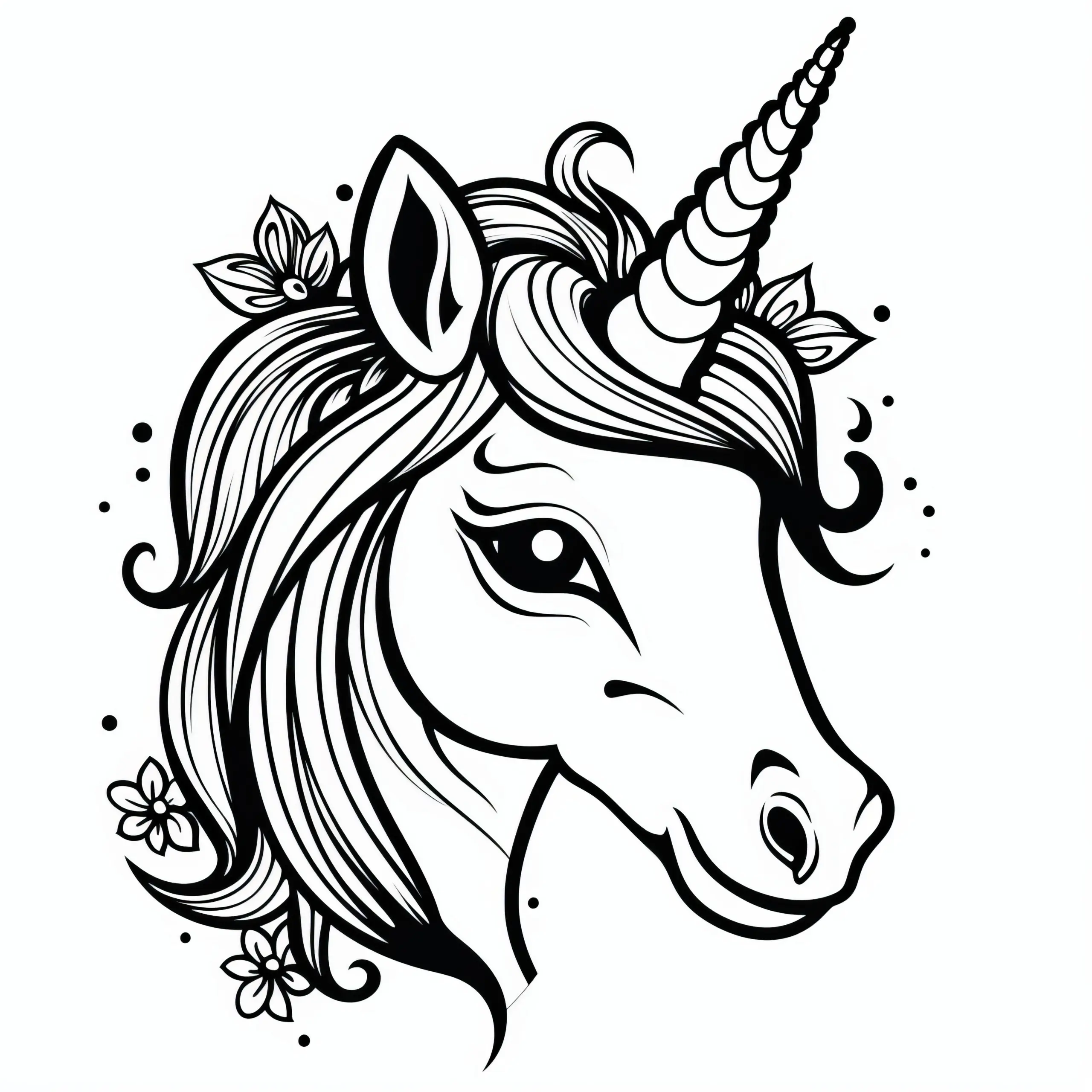 Einhorn-Kopf mit prächtiger Mähne: Einfaches Ausmalbild für Kinder (Gratis)