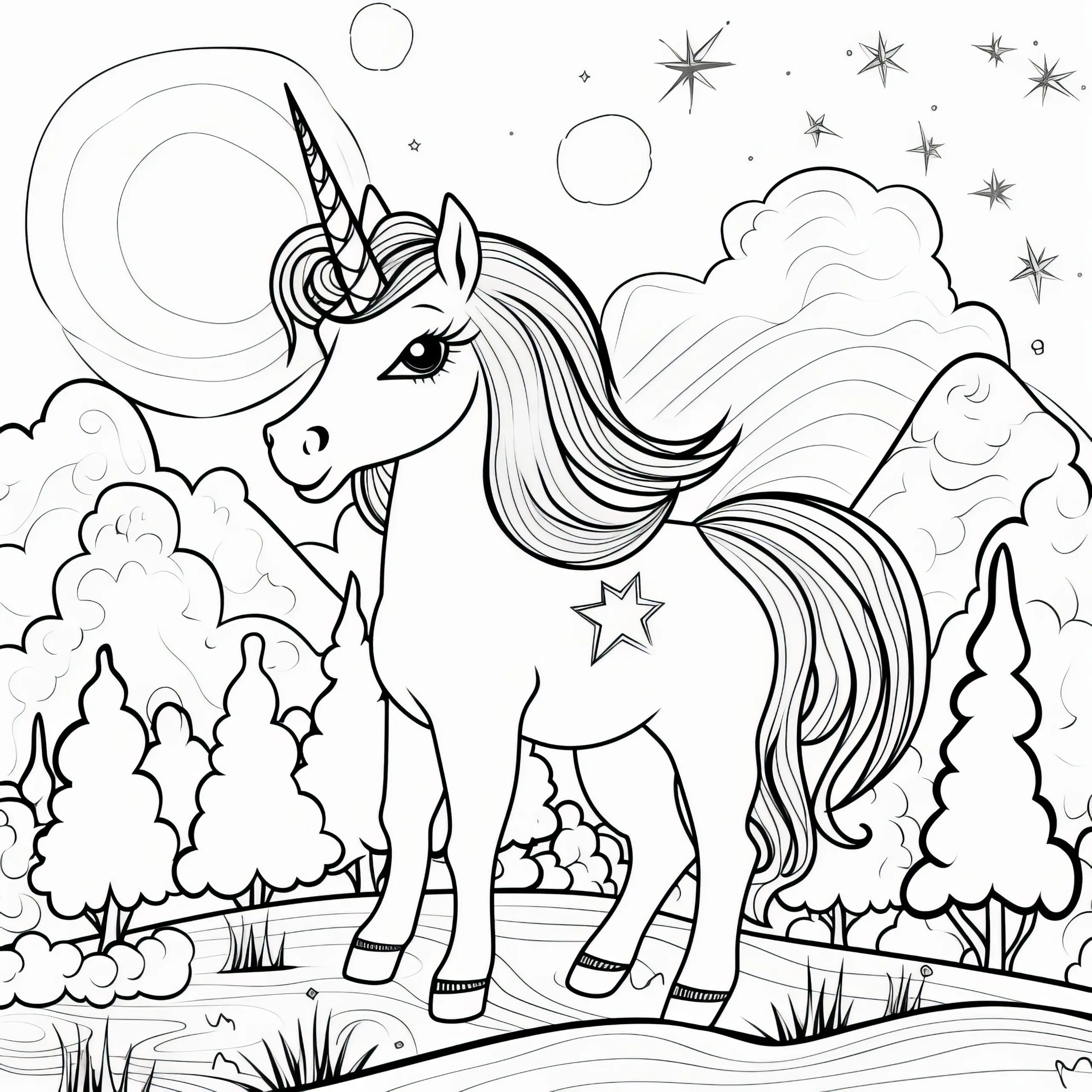 Einhorn in einer Landschaft mit Wald und Sternen am Himmel: Ausmalbild kostenlos