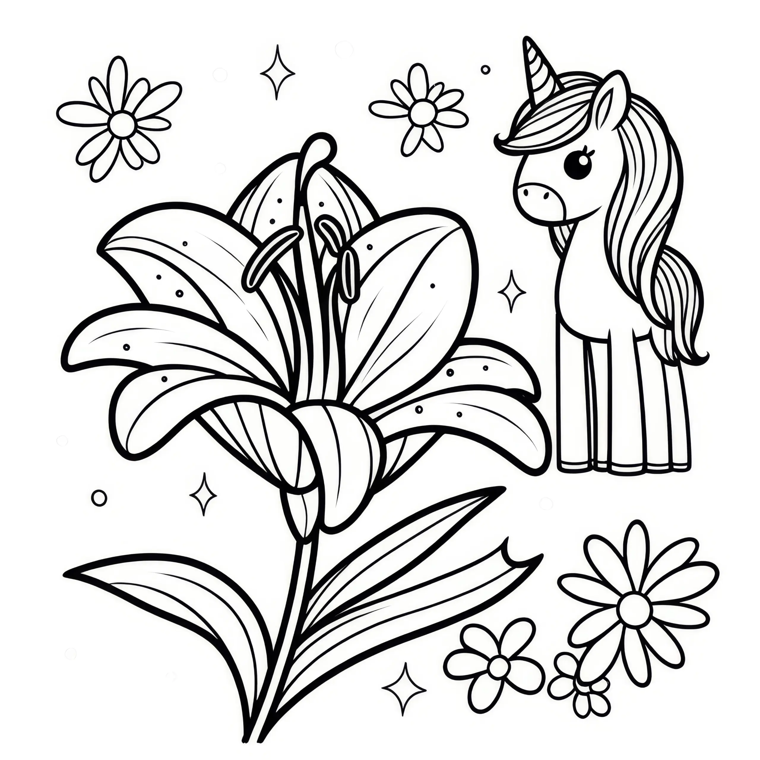 Einhorn und Lilienblüte: Malvorlage für Kinder (Kostenlos) (Ausmalbild)
