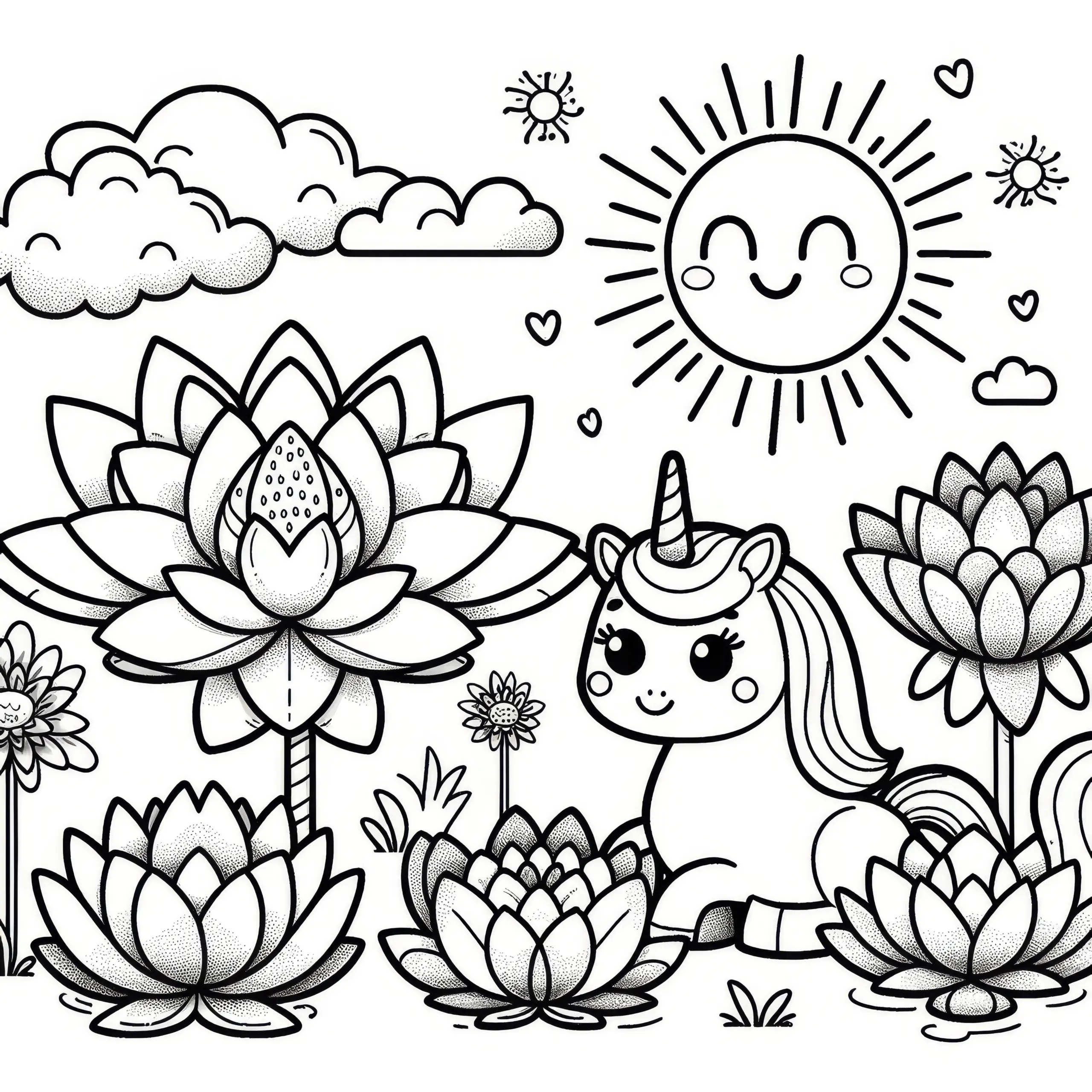 Einhorn, Lotusblumen und Sonne: Malvorlage für Kinder (Kostenlos) (Ausmalbild)