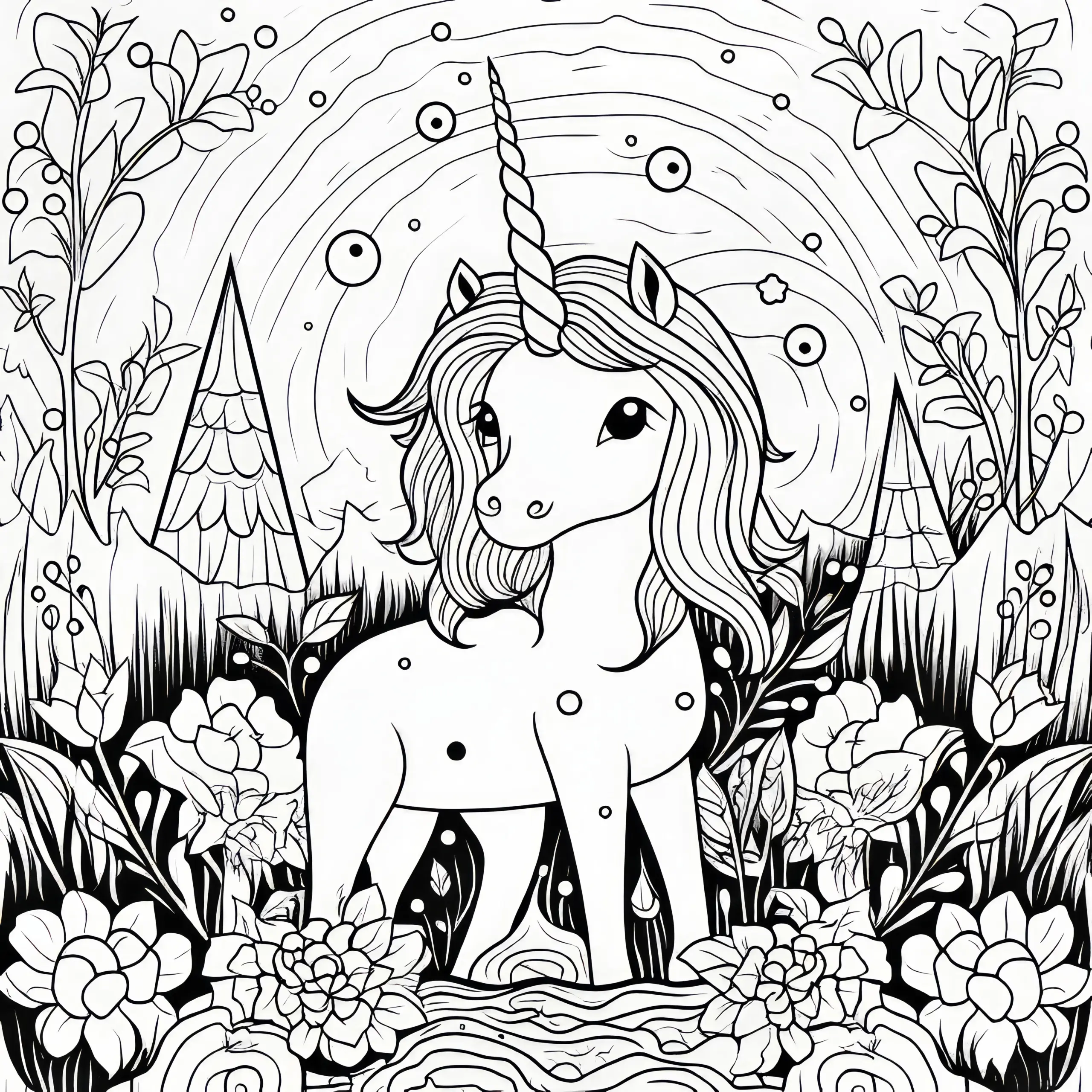 Hübsches Einhorn im Märchenwald: Bild zum Ausmalen (Gratis) (Ausmalbild)