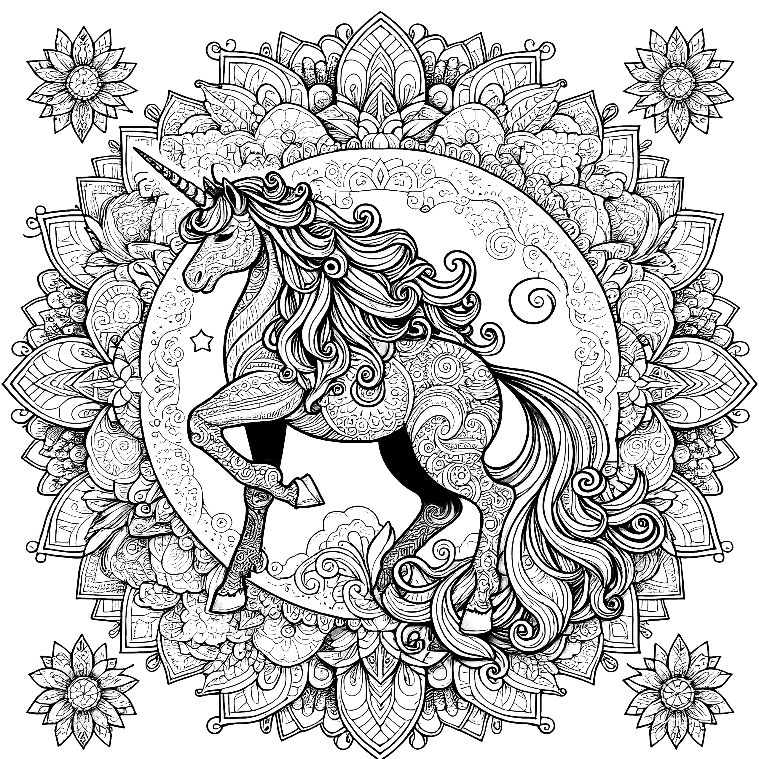 Einhorn-Mandala für Erwachsene: Malvorlage zum Herunterladen (Gratis) (Ausmalbild)