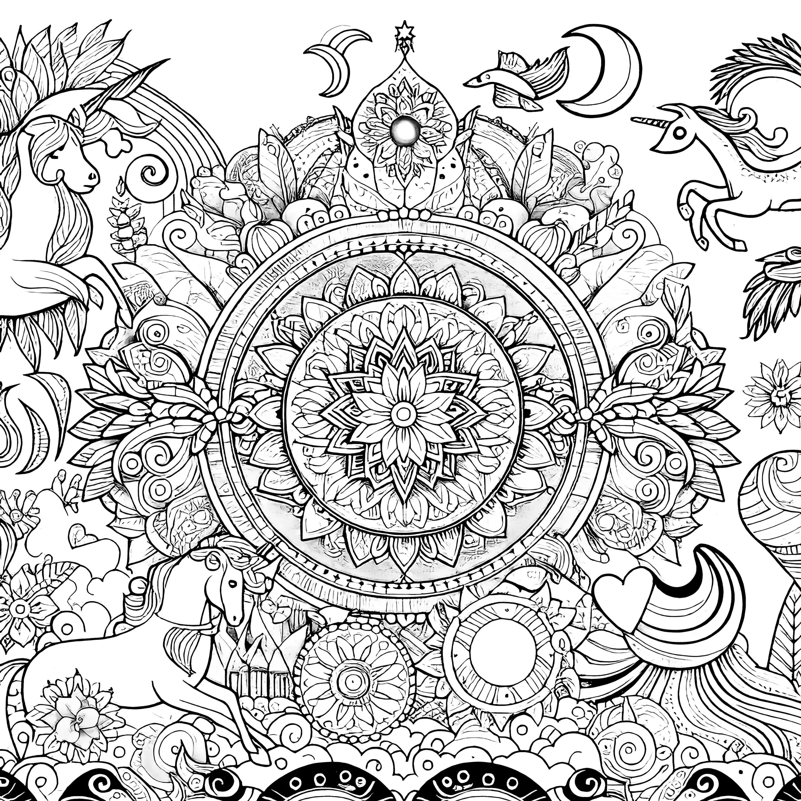 Einhorn-Mandala komplex: Mit Blumen zum Ausmalen für Erwachsene (Kostenlos) (Ausmalbild)