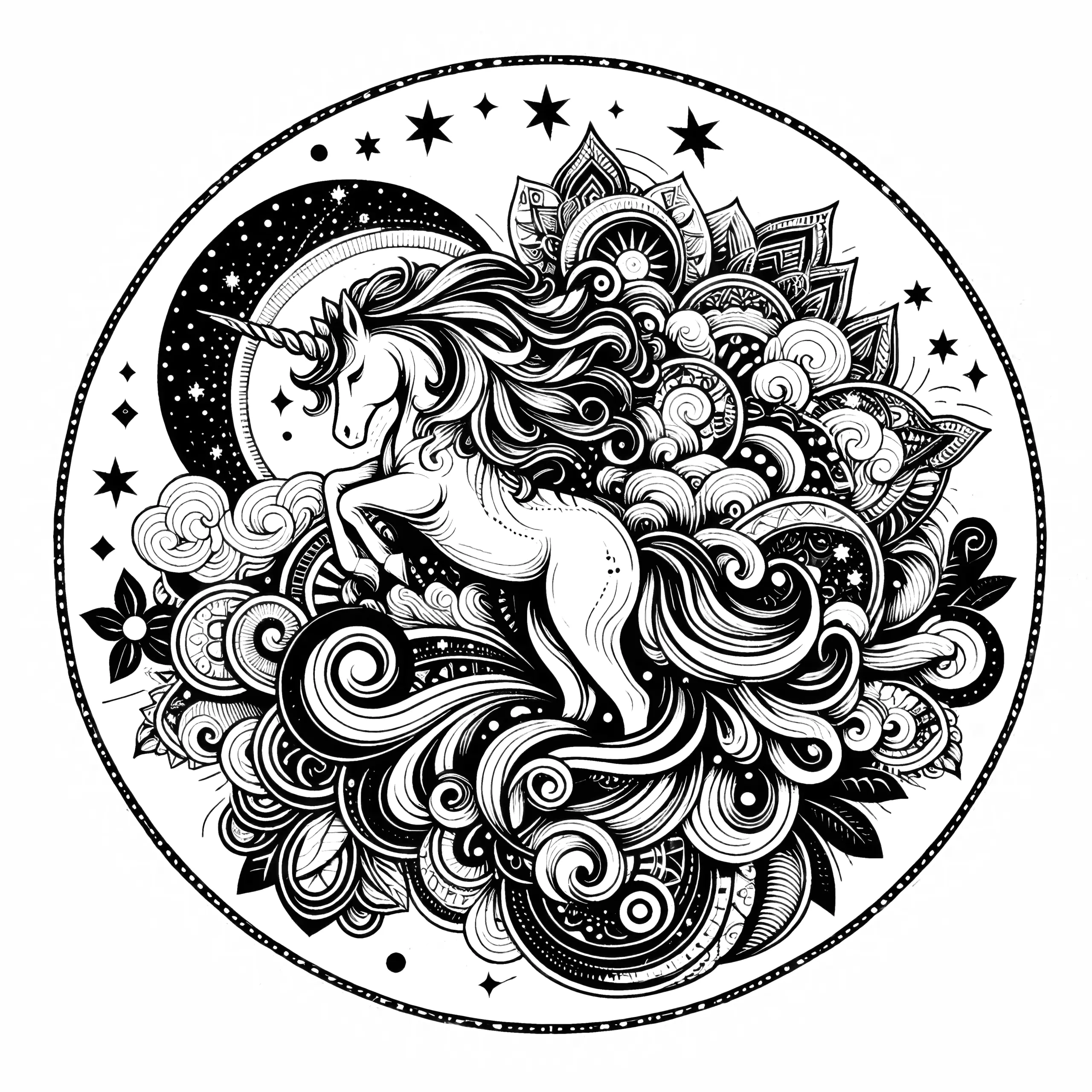 Einhorn-Mandala mit Mond und Sternen: Fantasiewesen zum Ausmalen (Ausmalbild)