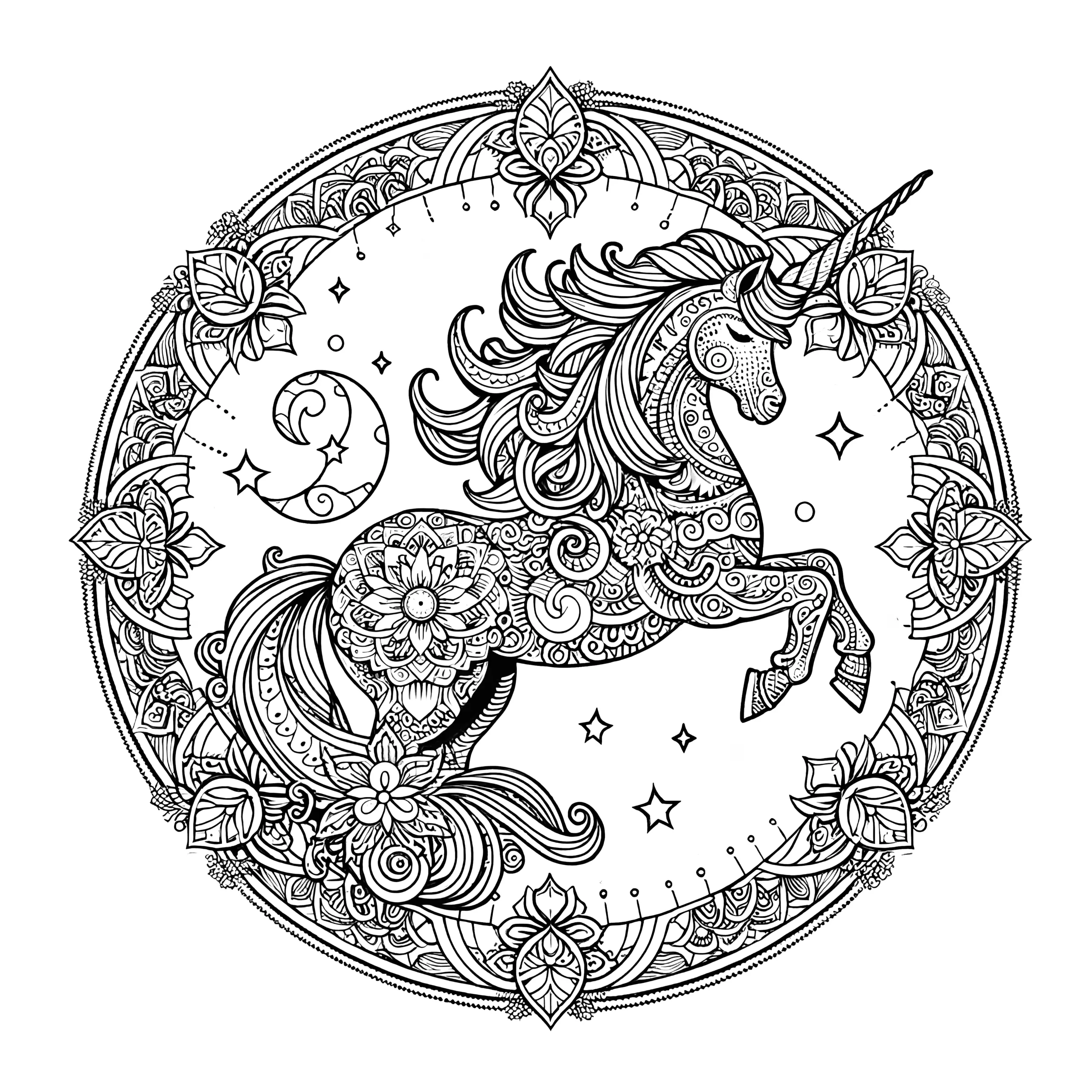Einhorn-Mandala mit prächtiger Mähne: Bild zum Download (Ausmalbild)