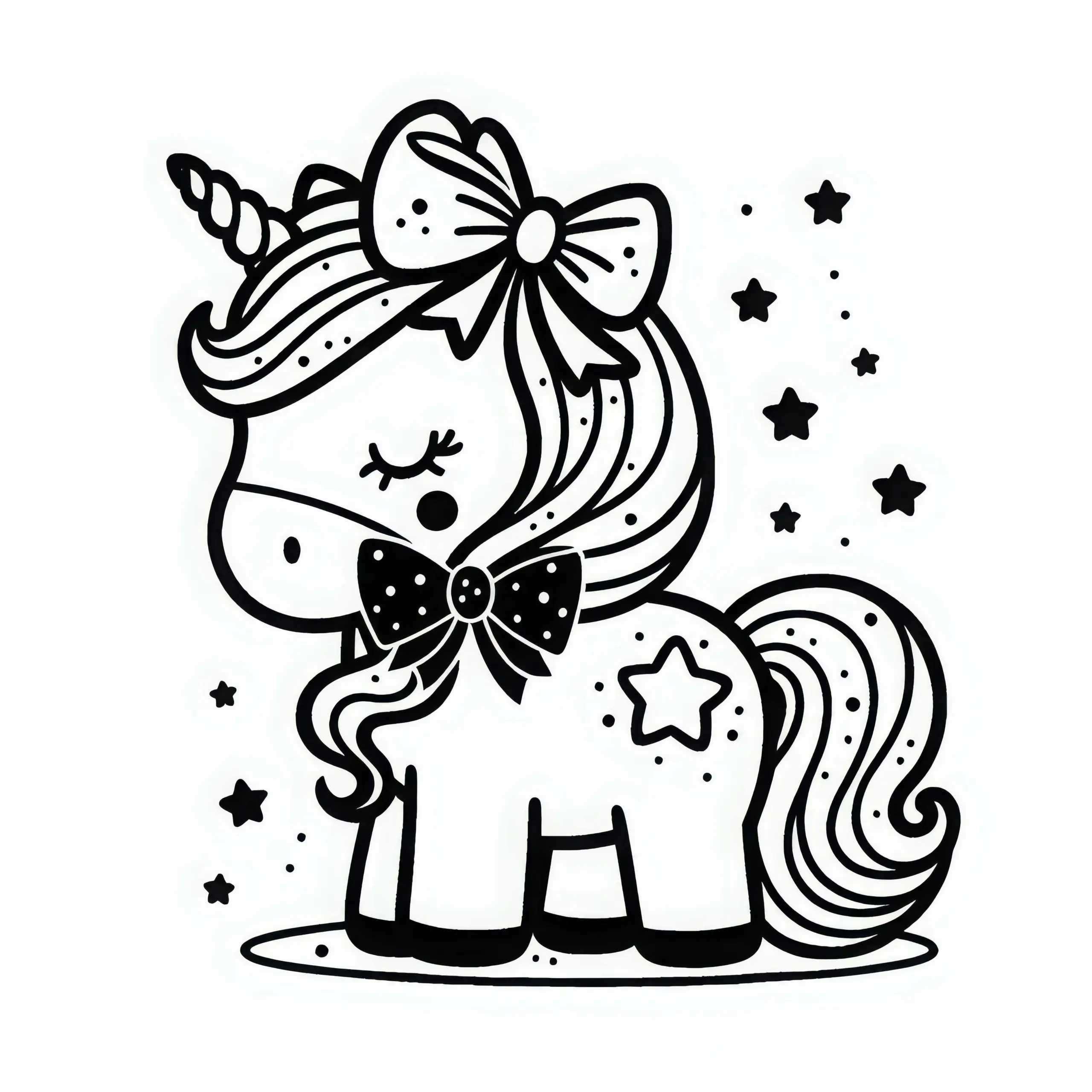 Einhorn mit Schleife – Ausmalbild für Mädchen ab drei kostenlos