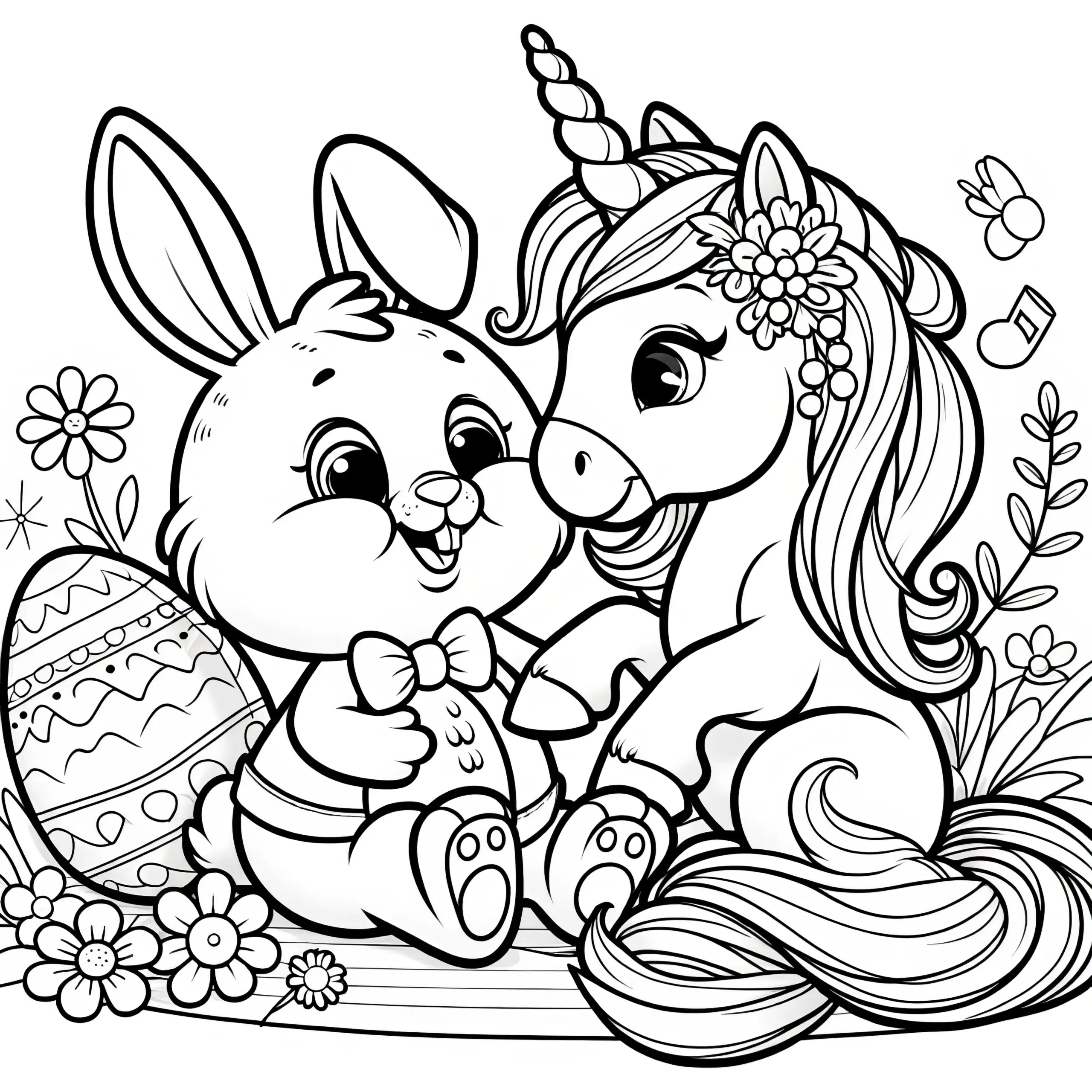 Einhorn mit Osterhase und Osterei: Einfaches Ausmalbild für Kinder (Gratis)