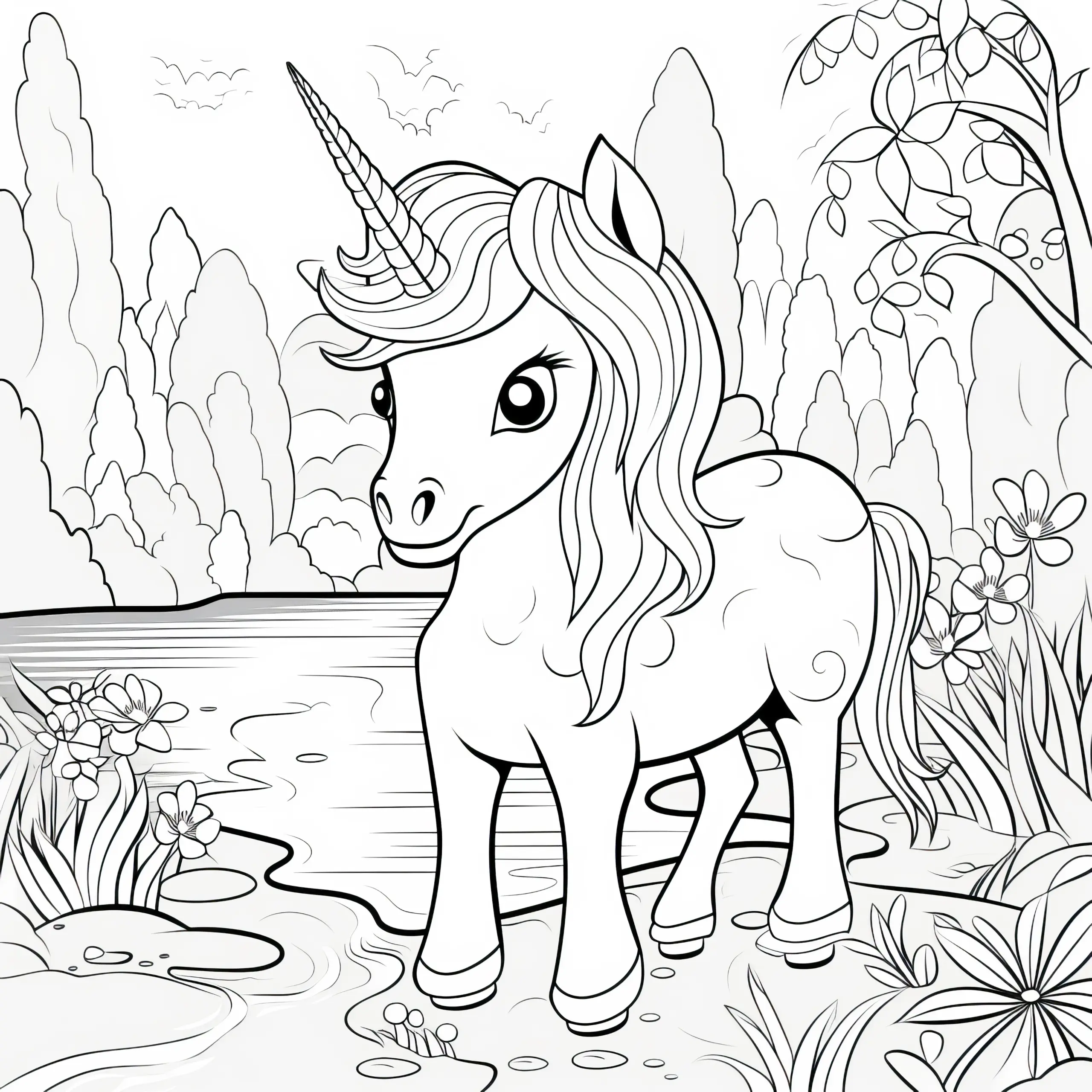Einhorn-Pony am Teich vor Berglandschaft: Ausmalbild für Kinder (Kostenlos)