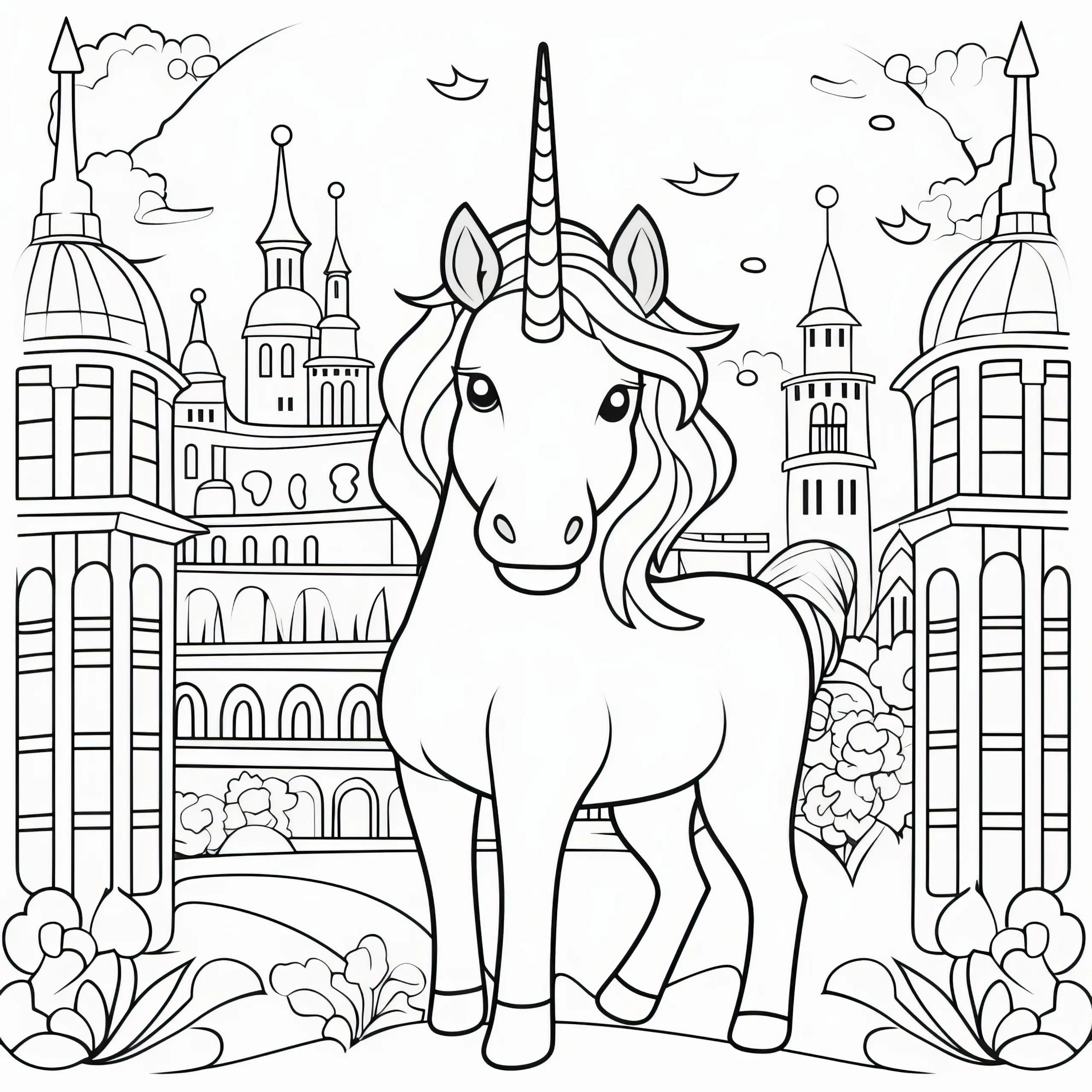 Einhorn vor prächtigem Schloss: Ausmalbild für Kinder (Kostenlos)