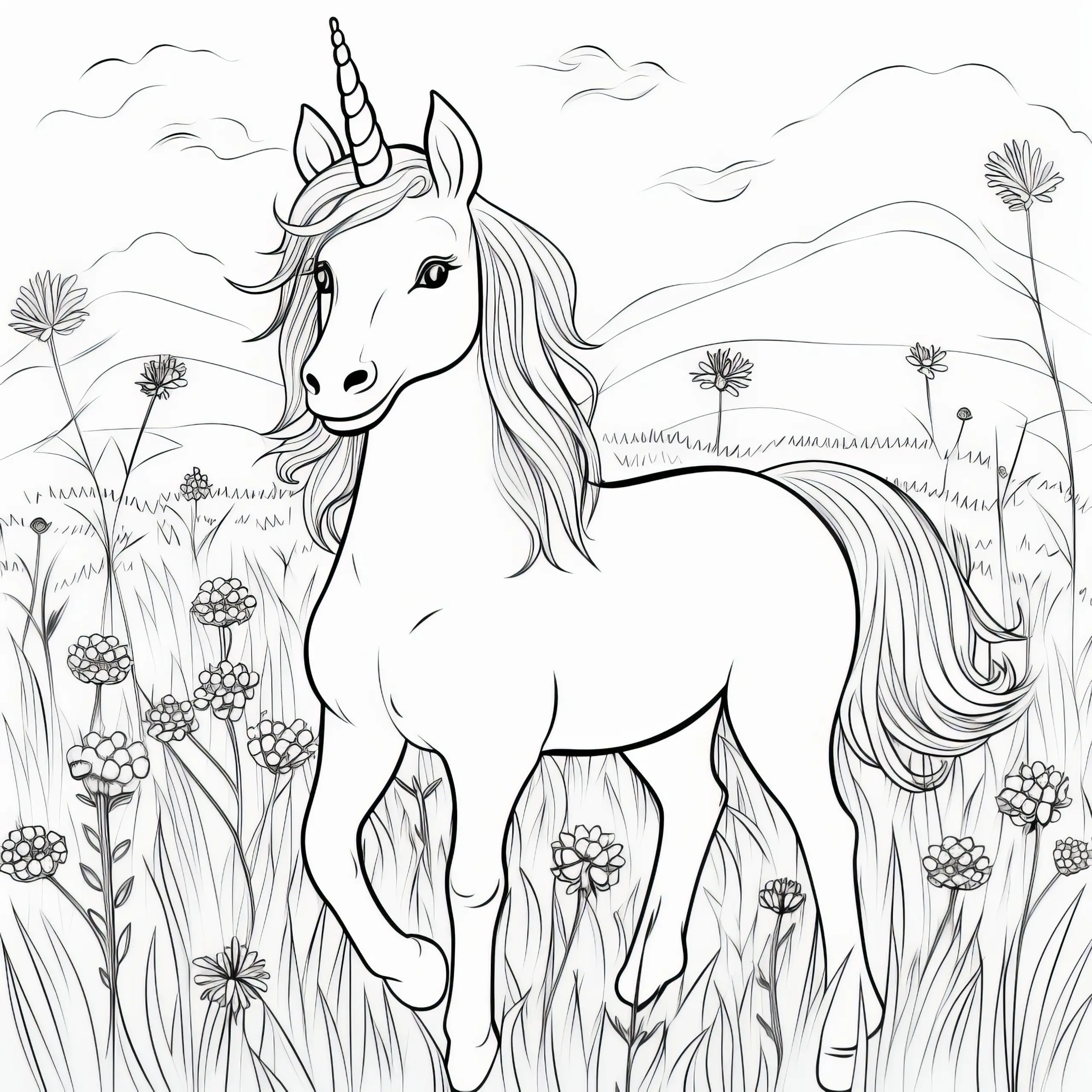 Einhorn in der Prärie vor Berglandschaft: Kostenloses Ausmalbild zum Download