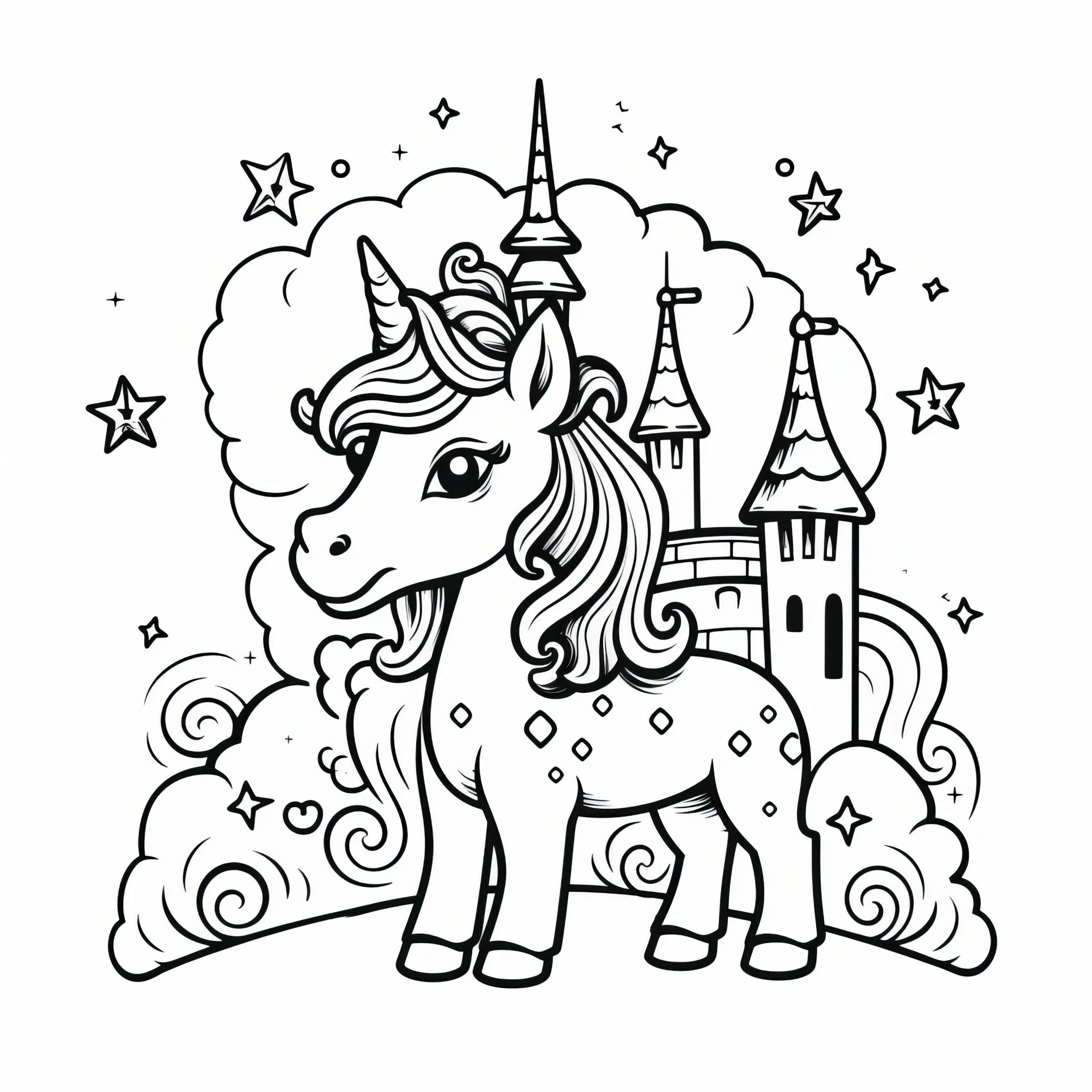 Einhorn und Schloss: Einfaches Ausmalbild zum Download (Gratis)