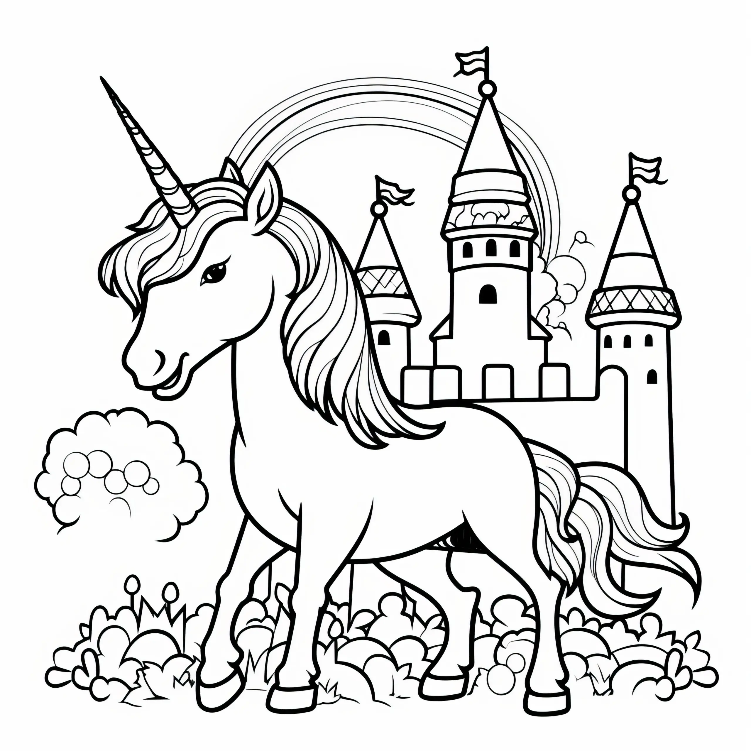 Einhorn vor Schloss und Hecke mit Regenbogen: Malvorlage zum Download (Gratis) (Ausmalbild)