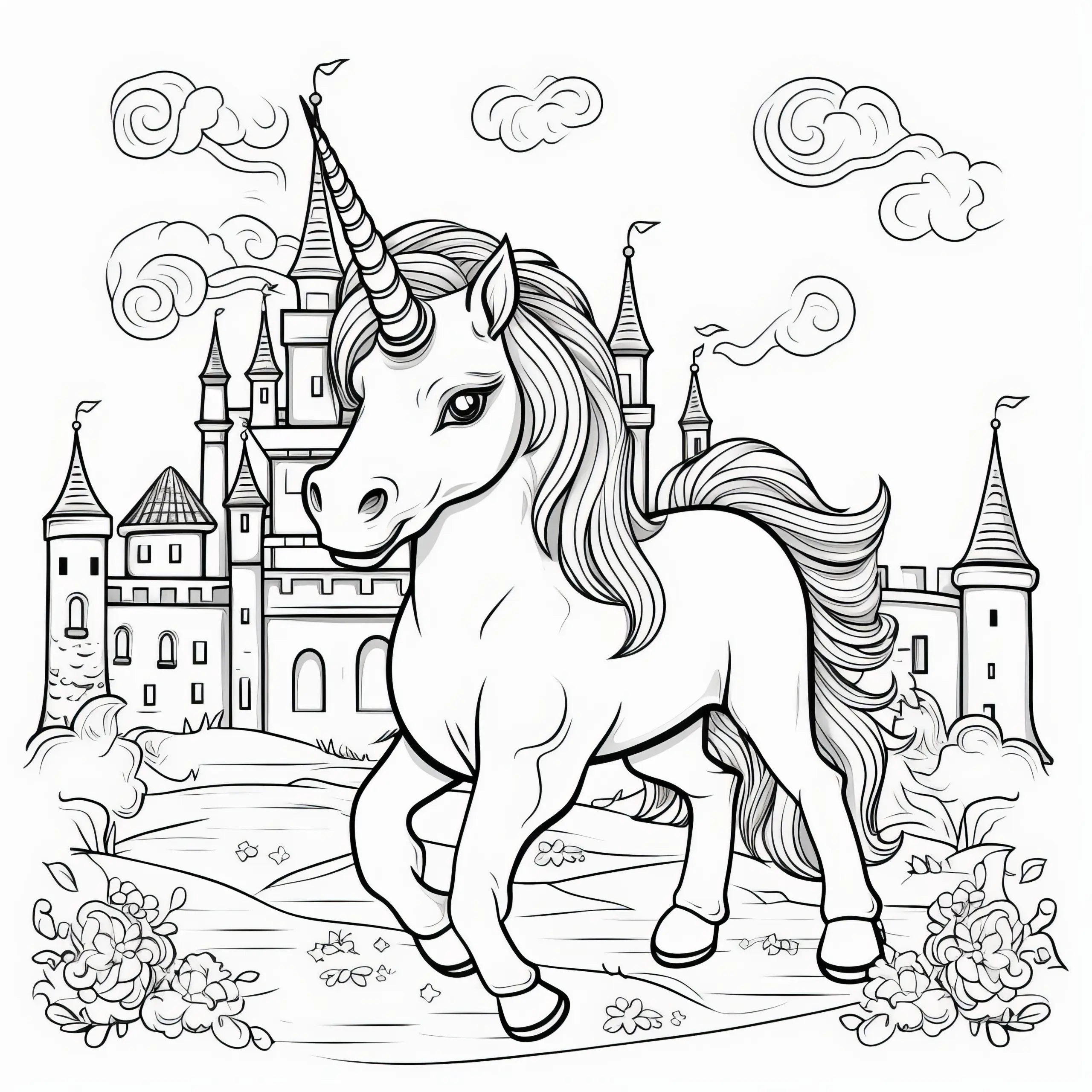 Einhorn und Schloss: Kostenlose Malvorlage (Ausmalbild)