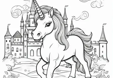 Einhorn und Schloss: Kostenlose Malvorlage