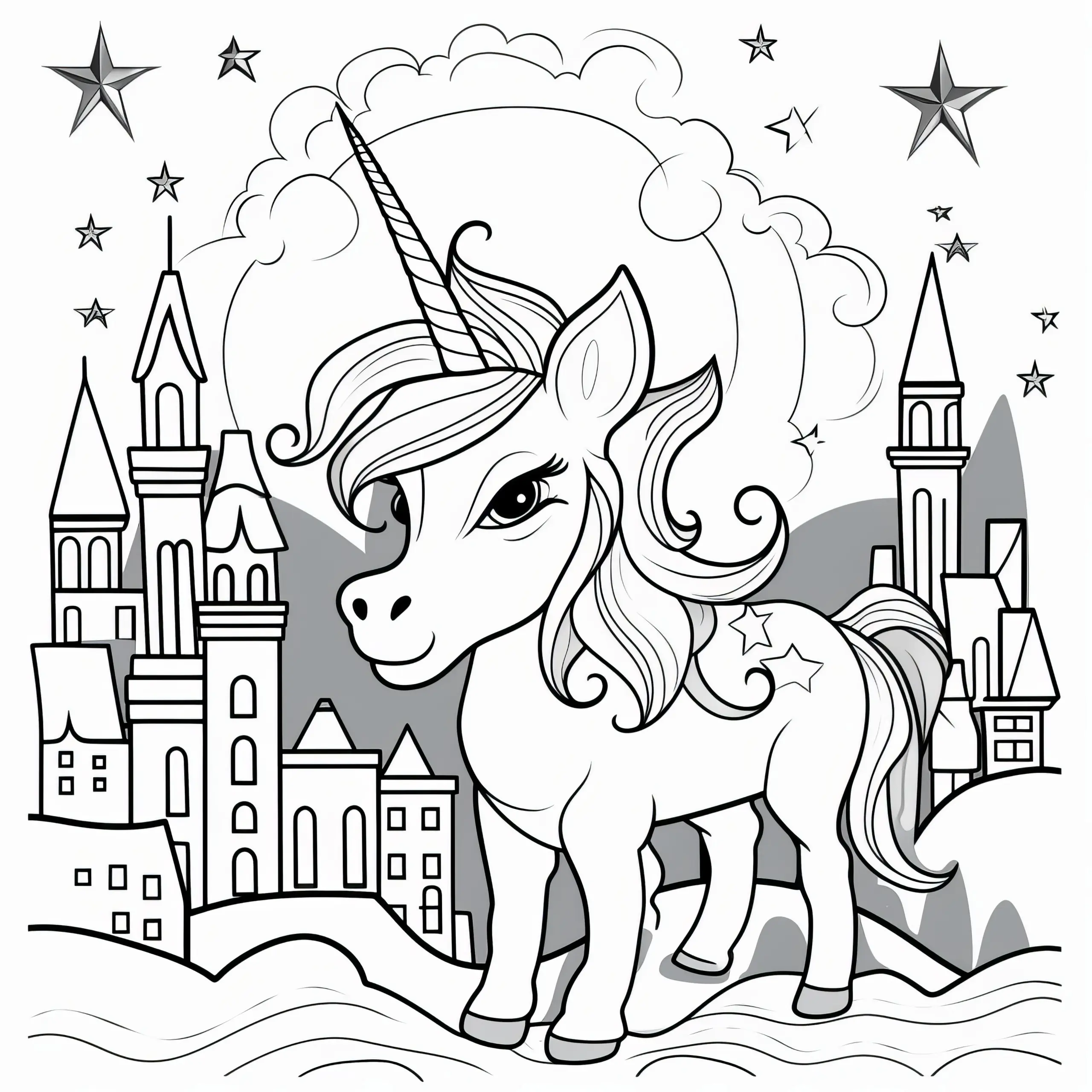 Einhorn, Schloss und Sternenhimmel als Ausmalbild: Gratis zum Herunterladen