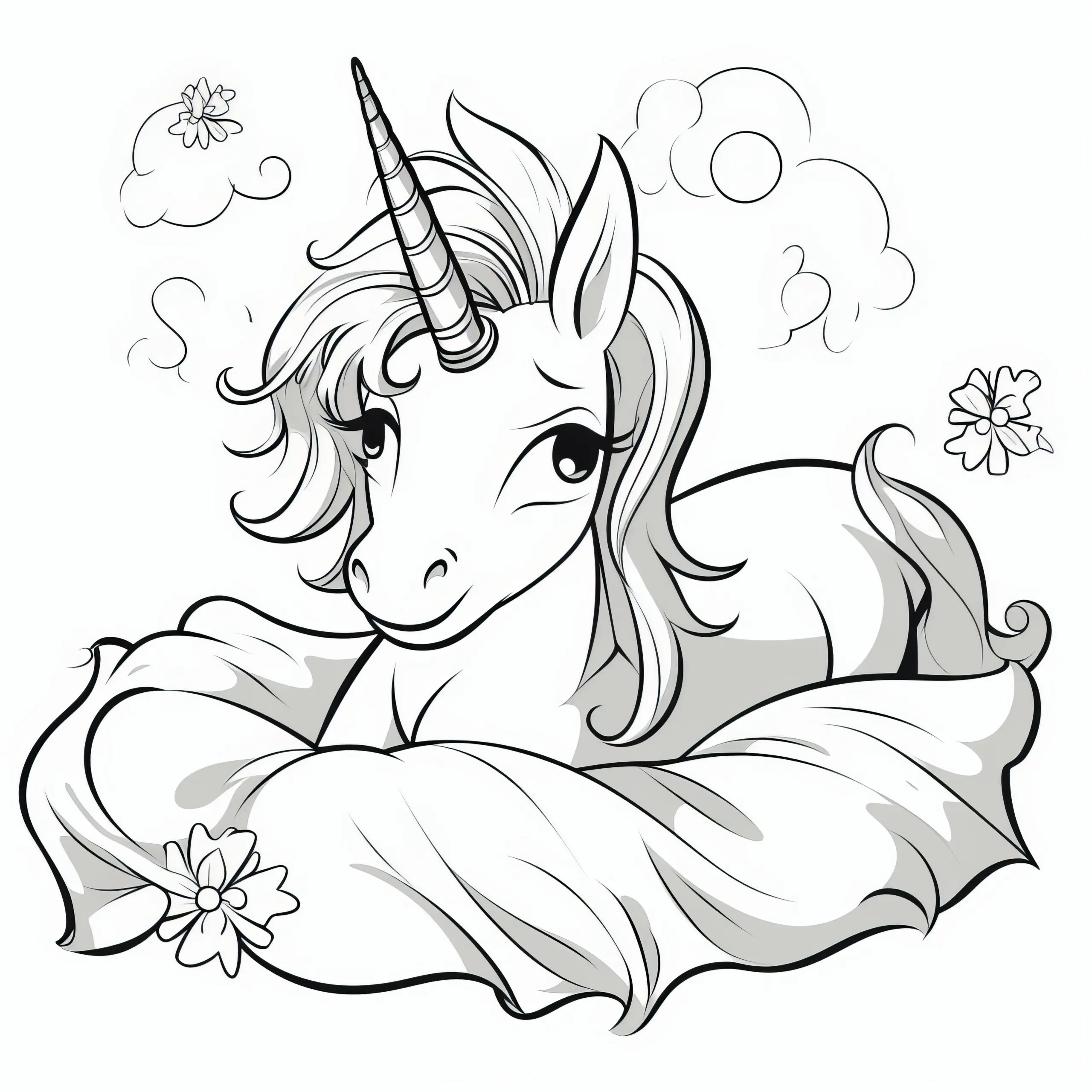 Einhorn schwebt auf flauschiger Decke: Ausmalbild zum Download (kostenlos)