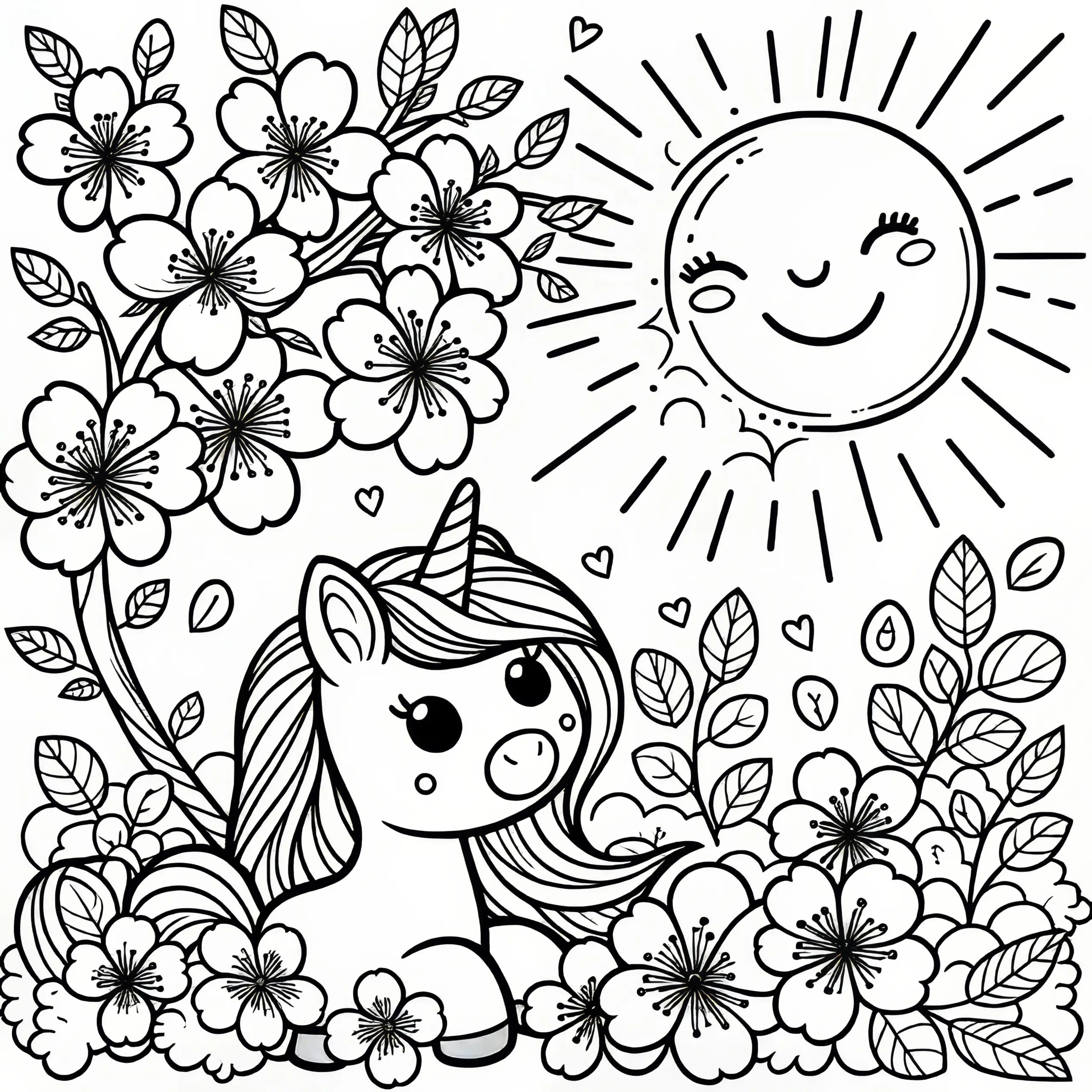 Einhorn, Sonne und Kirschbaumblüten als Malvorlage (Kostenlos) (Ausmalbild)