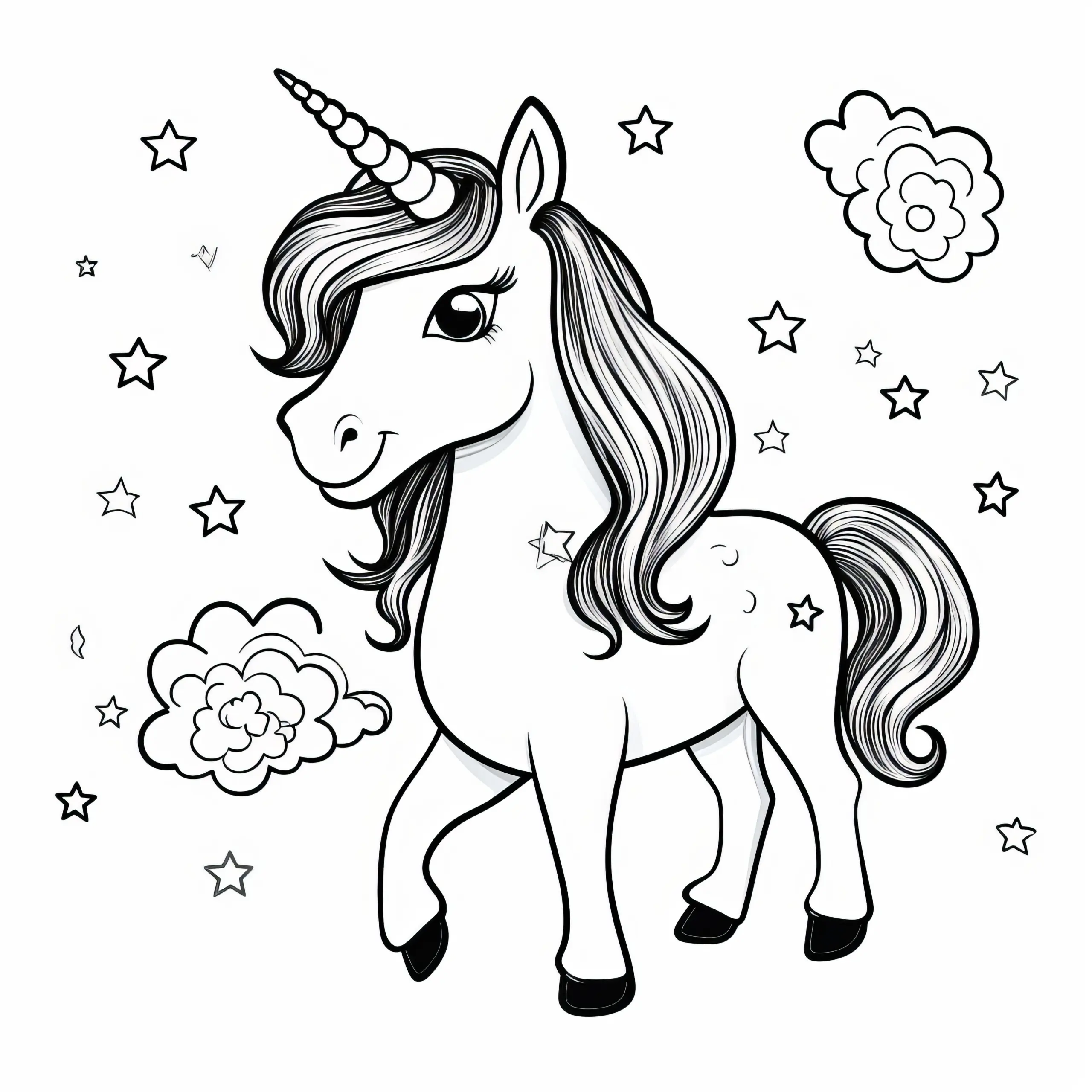 Einhorn mit Sternen: Einfaches Ausmalbild (Kostenlos)