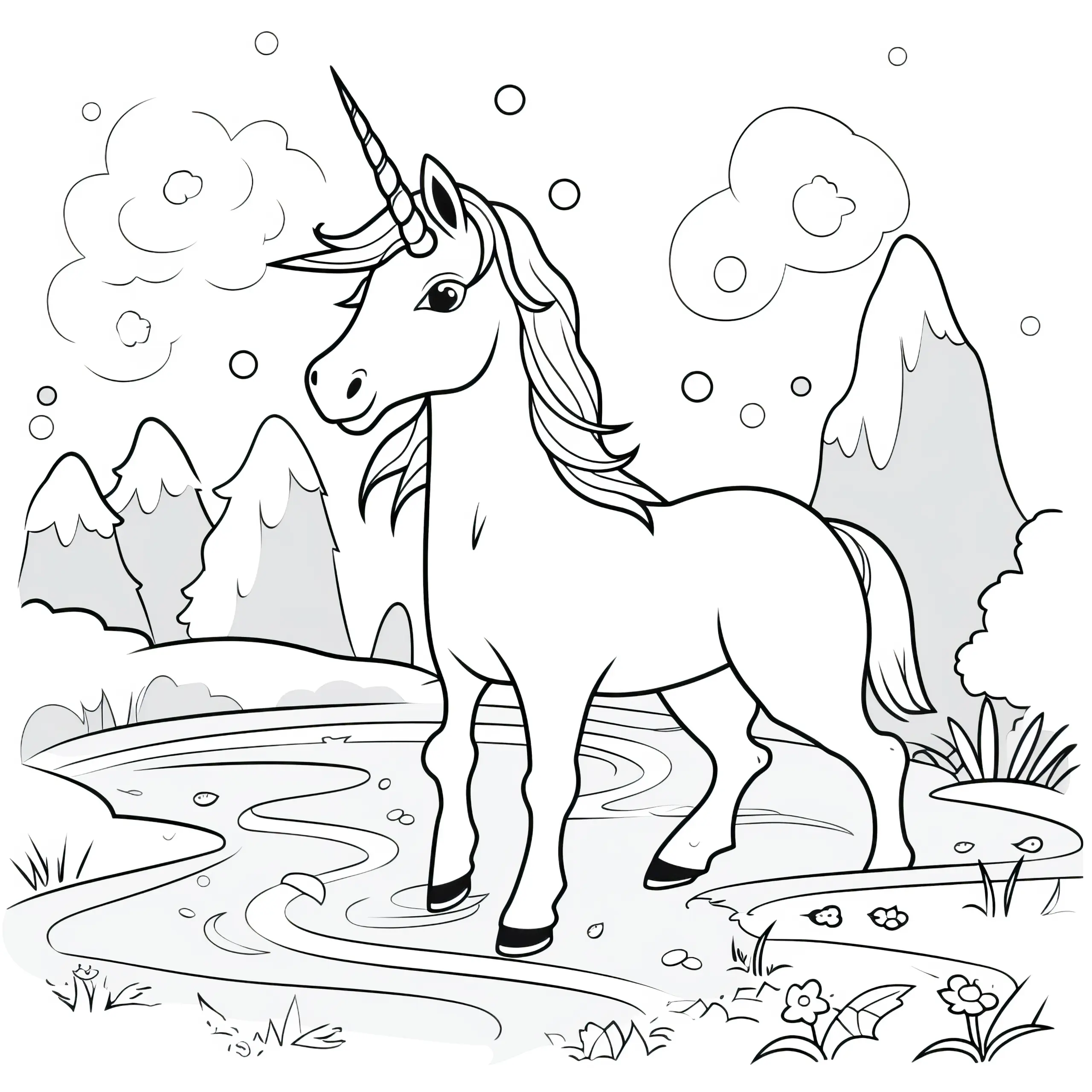 Einhorn in verschneiter Berglandschaft: Einfaches Ausmalbild (Kostenlos)