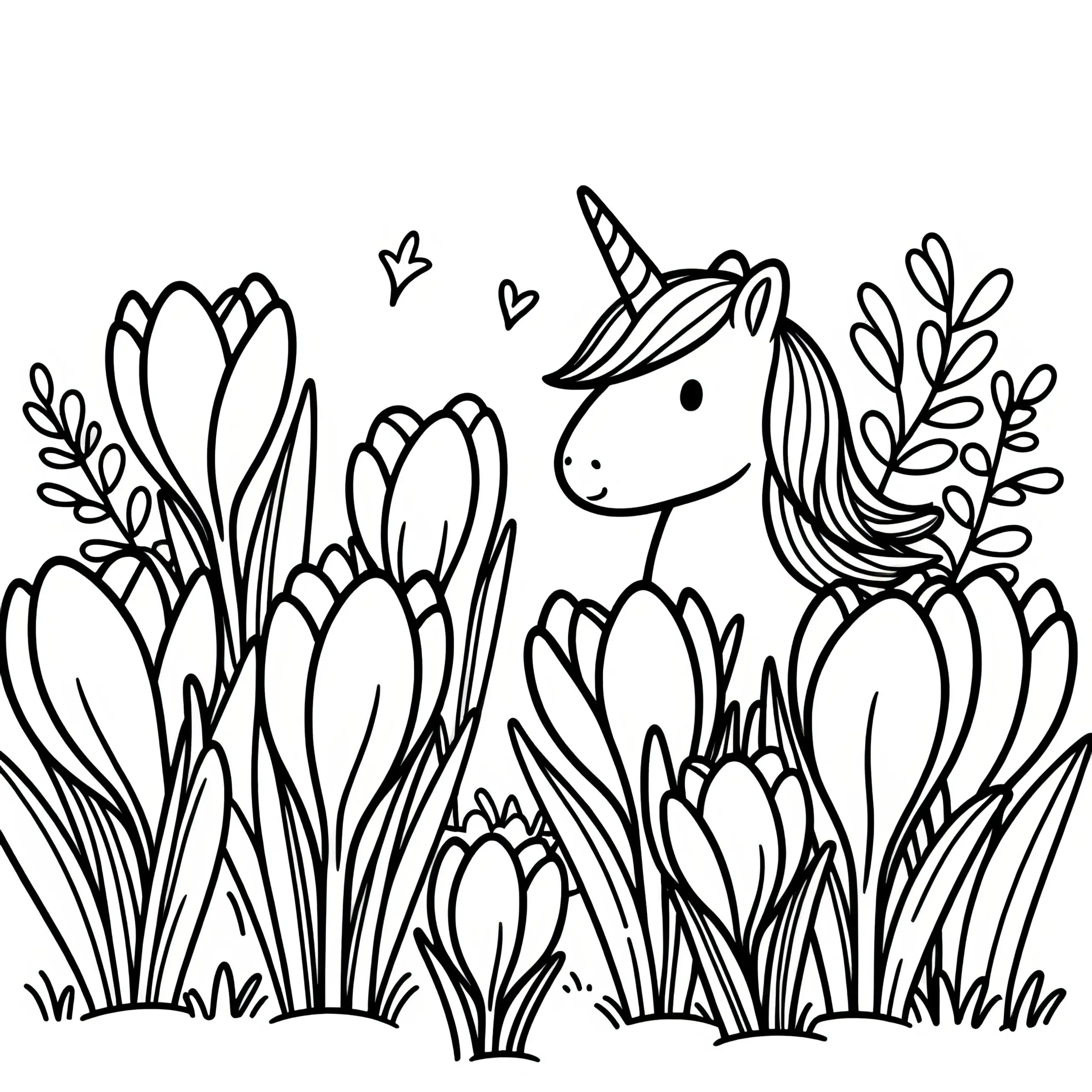 Einhorn auf der Wiese mit Krokussen: Ausmalbild herunterladen (Gratis)