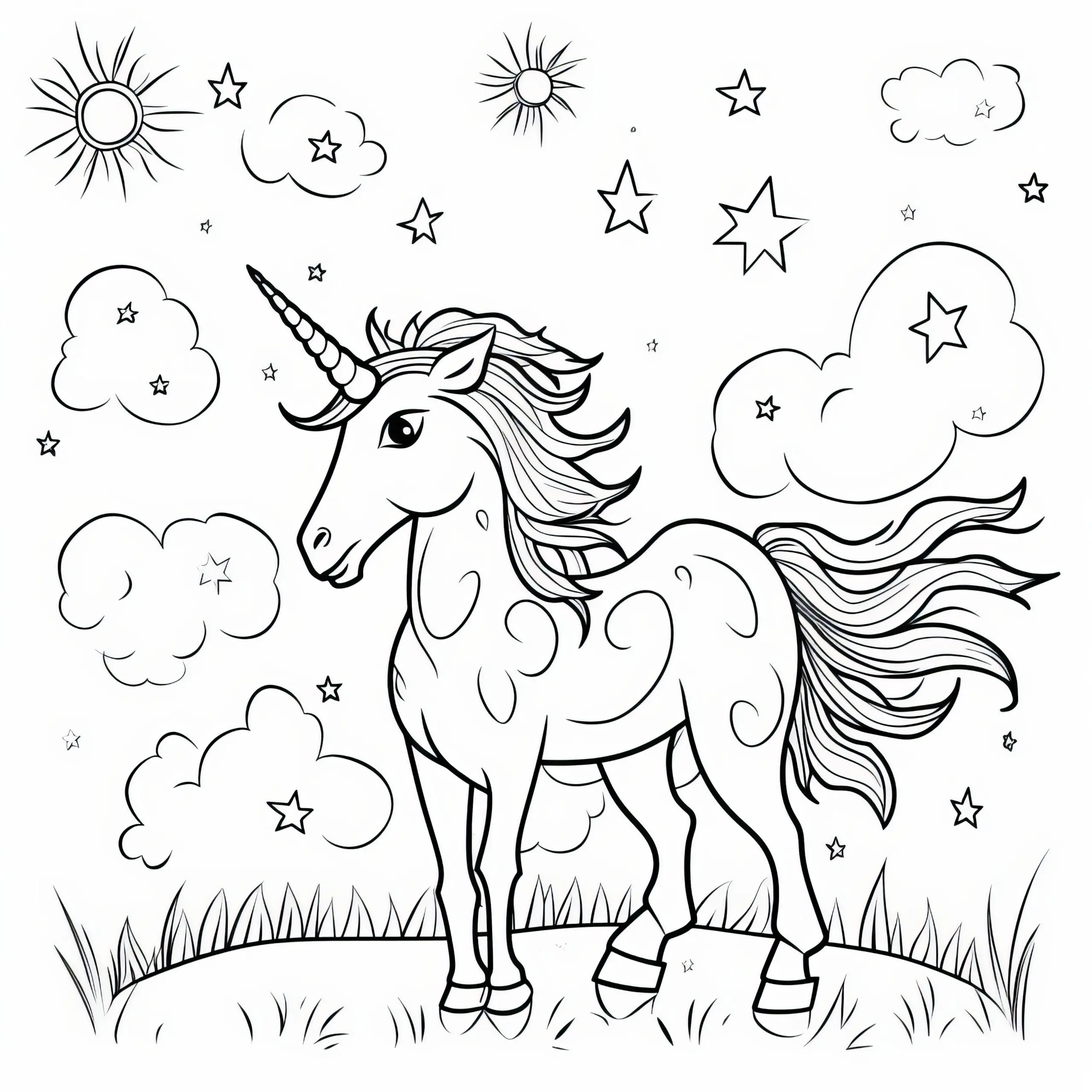 Einhorn auf Wiese mit Sternen und Wolken: Ausmalbild kostenlos