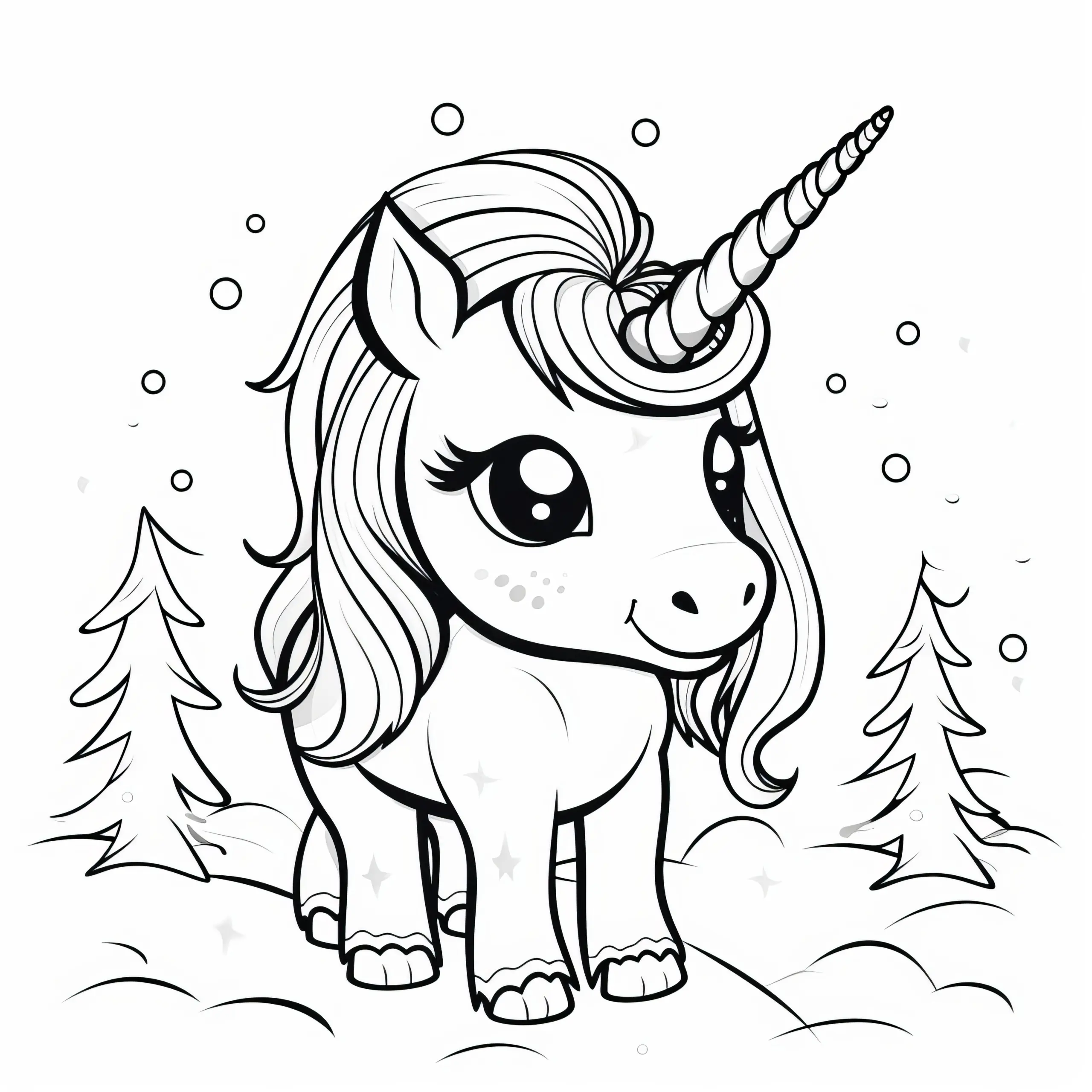 Einhorn in Winterlandschaft: Einfache Malvorlage für Kinder (Gratis) (Ausmalbild)