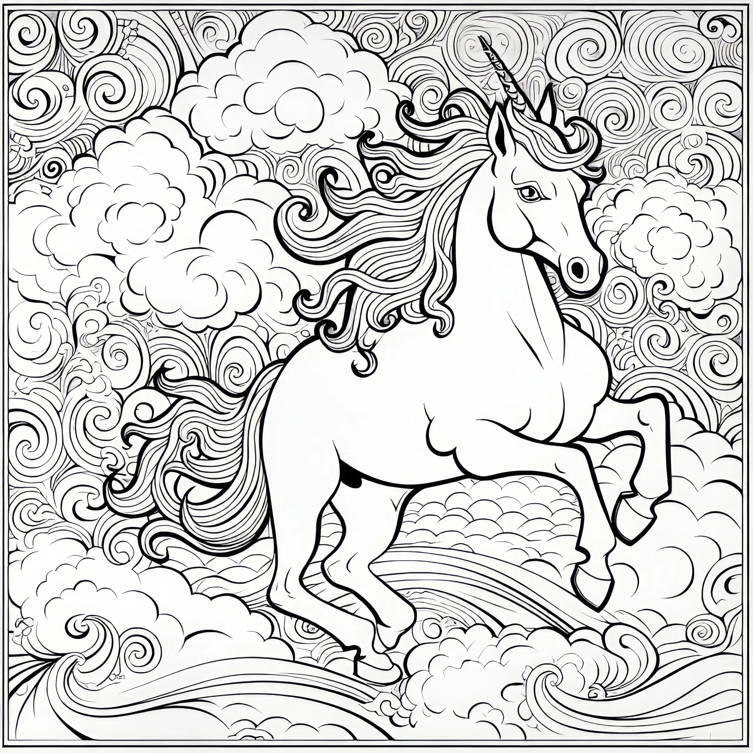 Einhorn über Wolken: Malvorlage für Erwachsene (Kostenlos) (Ausmalbild)