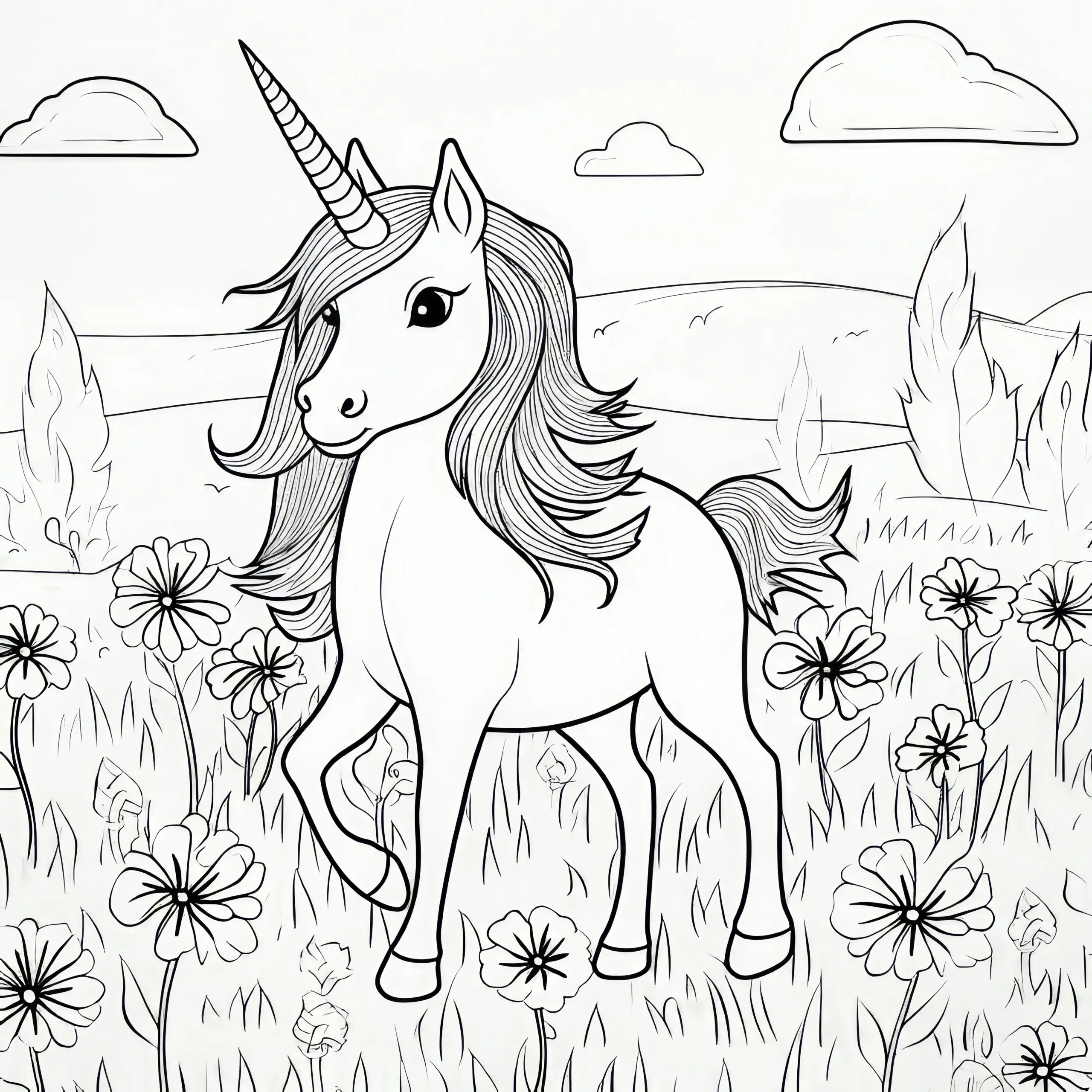 Einhorn auf wunderschöner Blumenwiese: Ausmalbild kostenlos zum Download