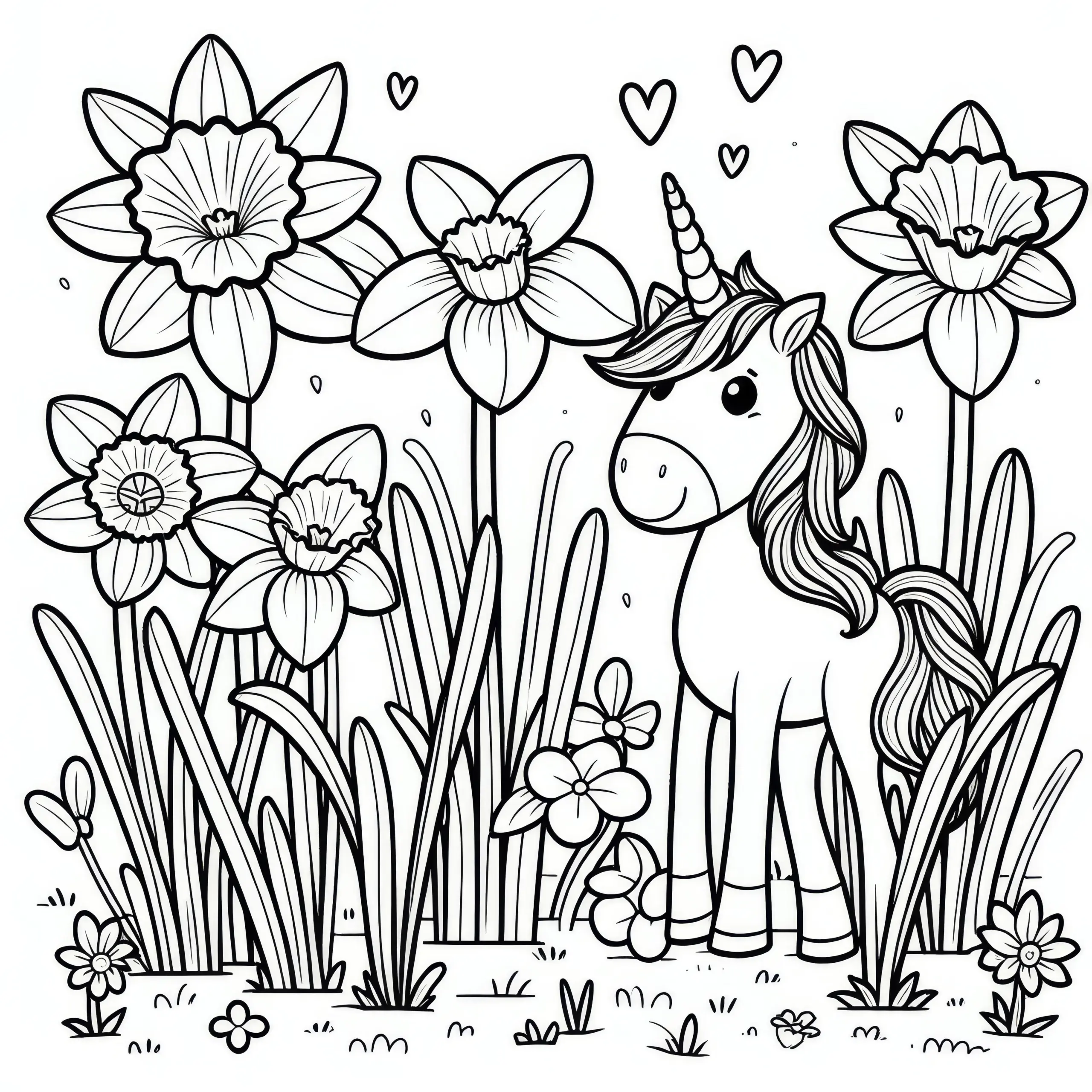 Einhorn zwischen Narzissen als Malvorlage (Kostenlos) (Ausmalbild)