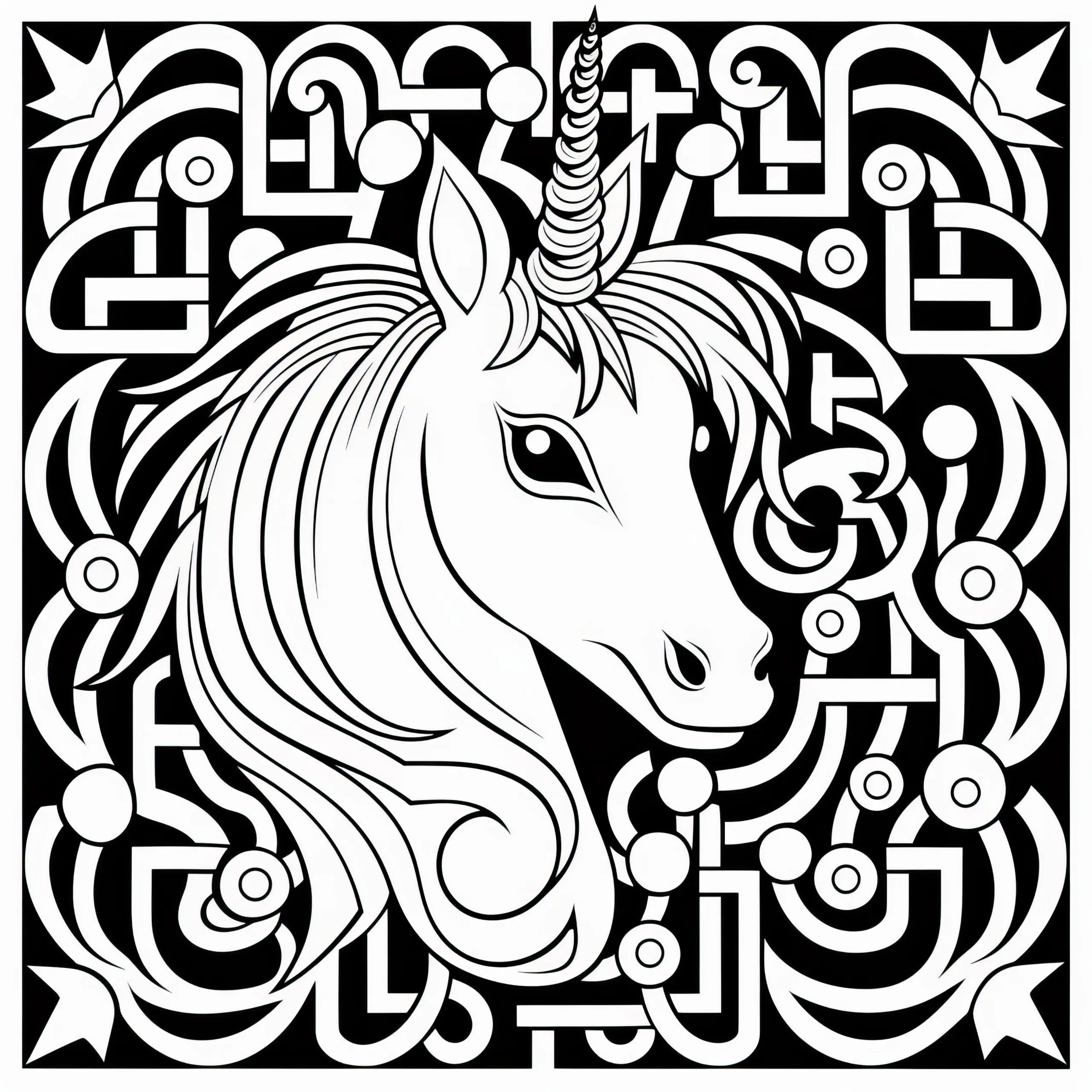 Einhornkopf mit Ornamenten als Malvorlage für Erwachsene (Kostenlos) (Ausmalbild)