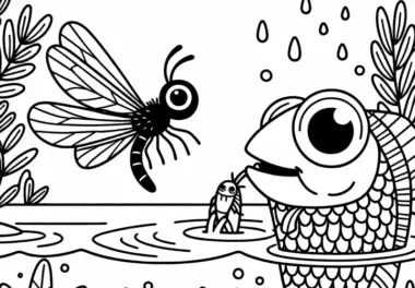 Eintagsfliege wird von Fisch beobachtet – Malvorlage gratis