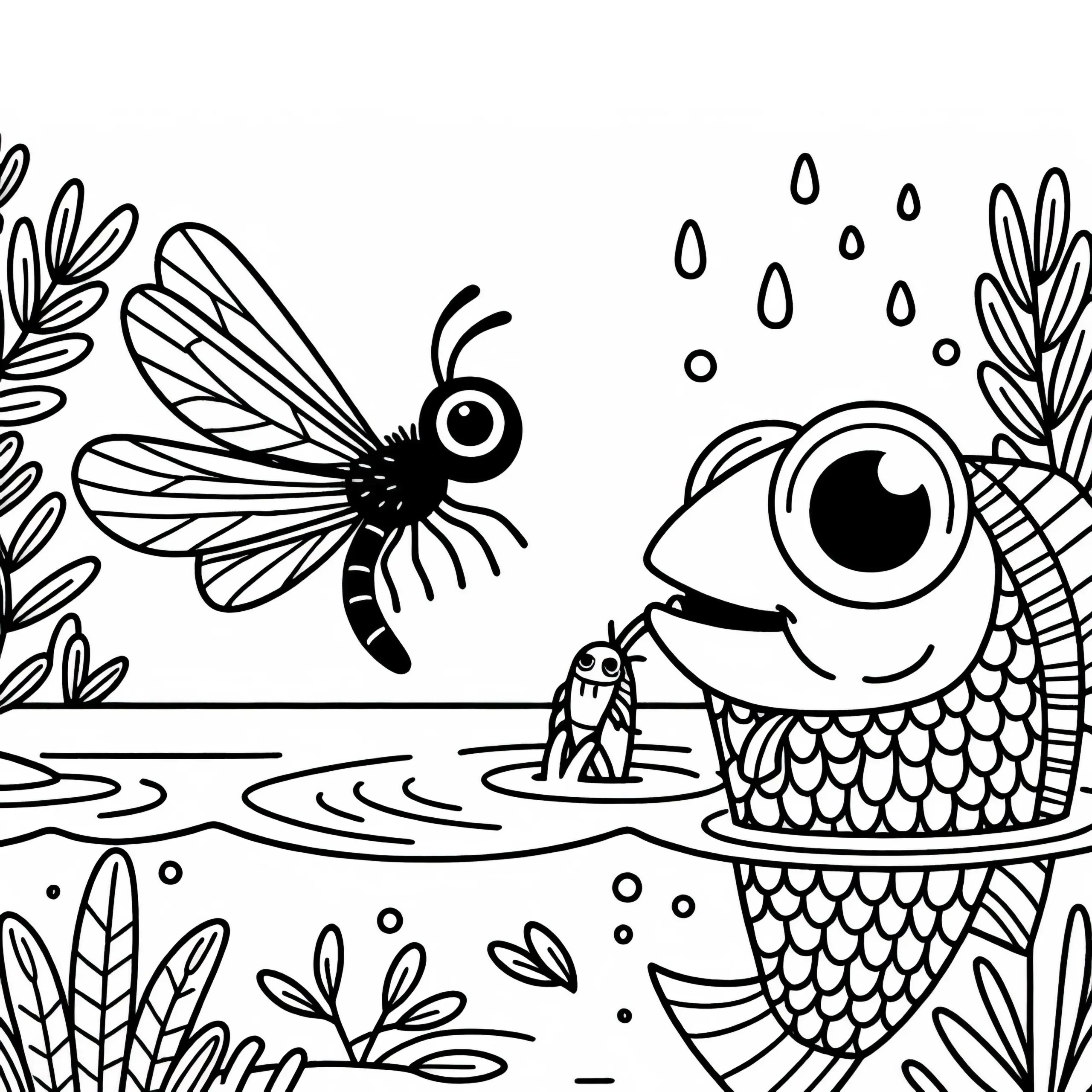 Eintagsfliege wird von Fisch beobachtet – Malvorlage gratis (Ausmalbild)