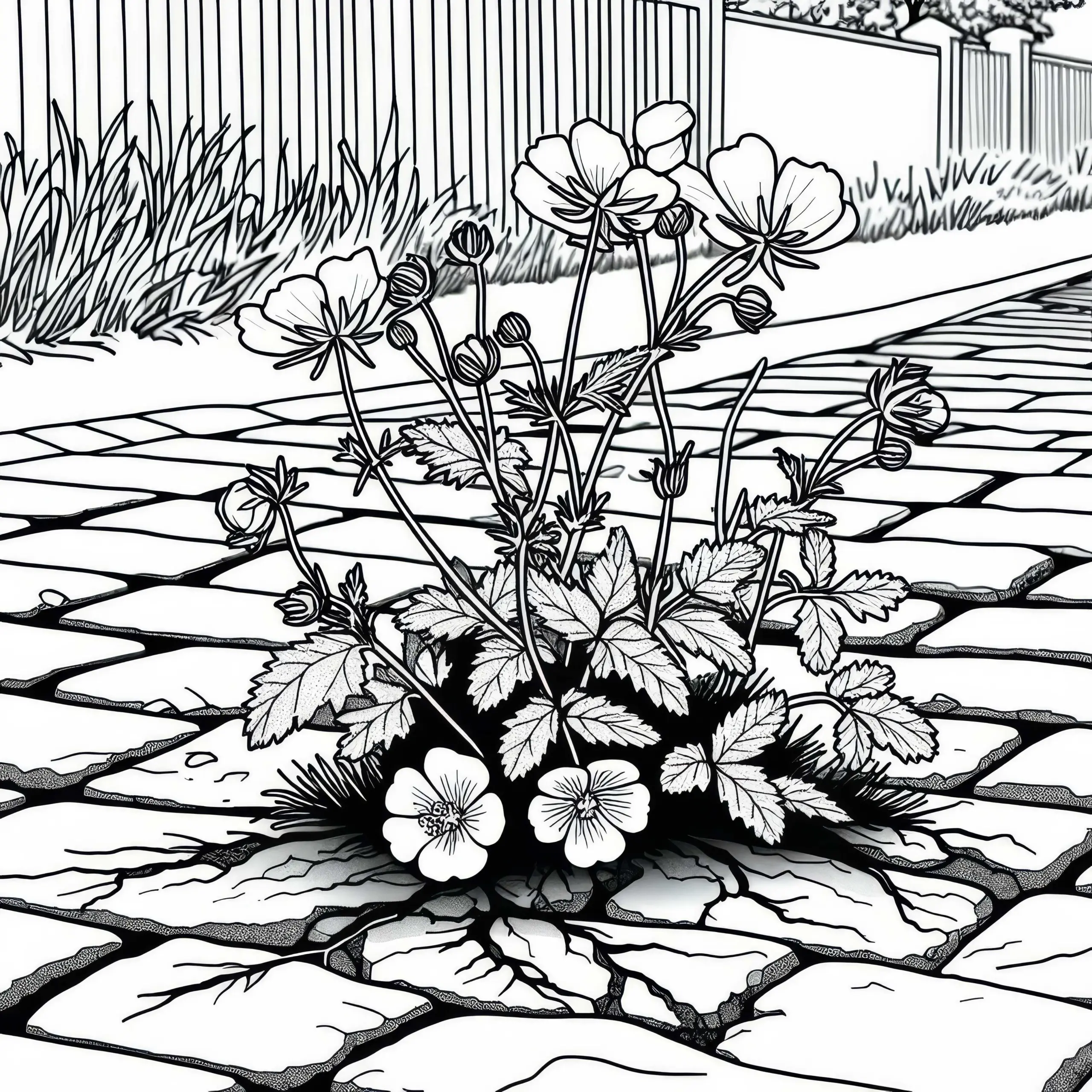 Eine einzelne Wildblume wächst durch das Pflaster einer Straße – Malvorlage gratis (Ausmalbild)